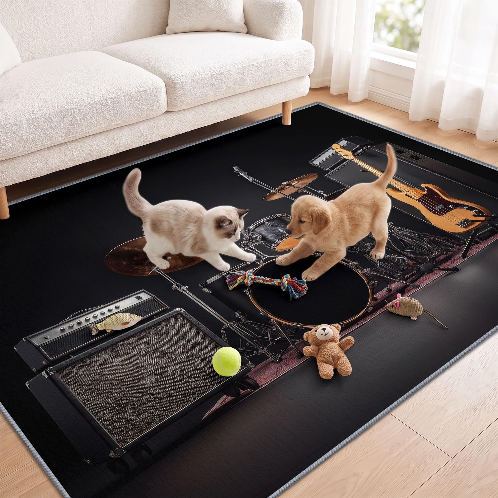 Générique Batterie, Basse Tapis de Salon Lavable 160x230 cm，Lavable Noir, Musique - Antidérapant et Lavable en Machine - Poils Courts - Douce - pour Salon, Chambre ou Bureau