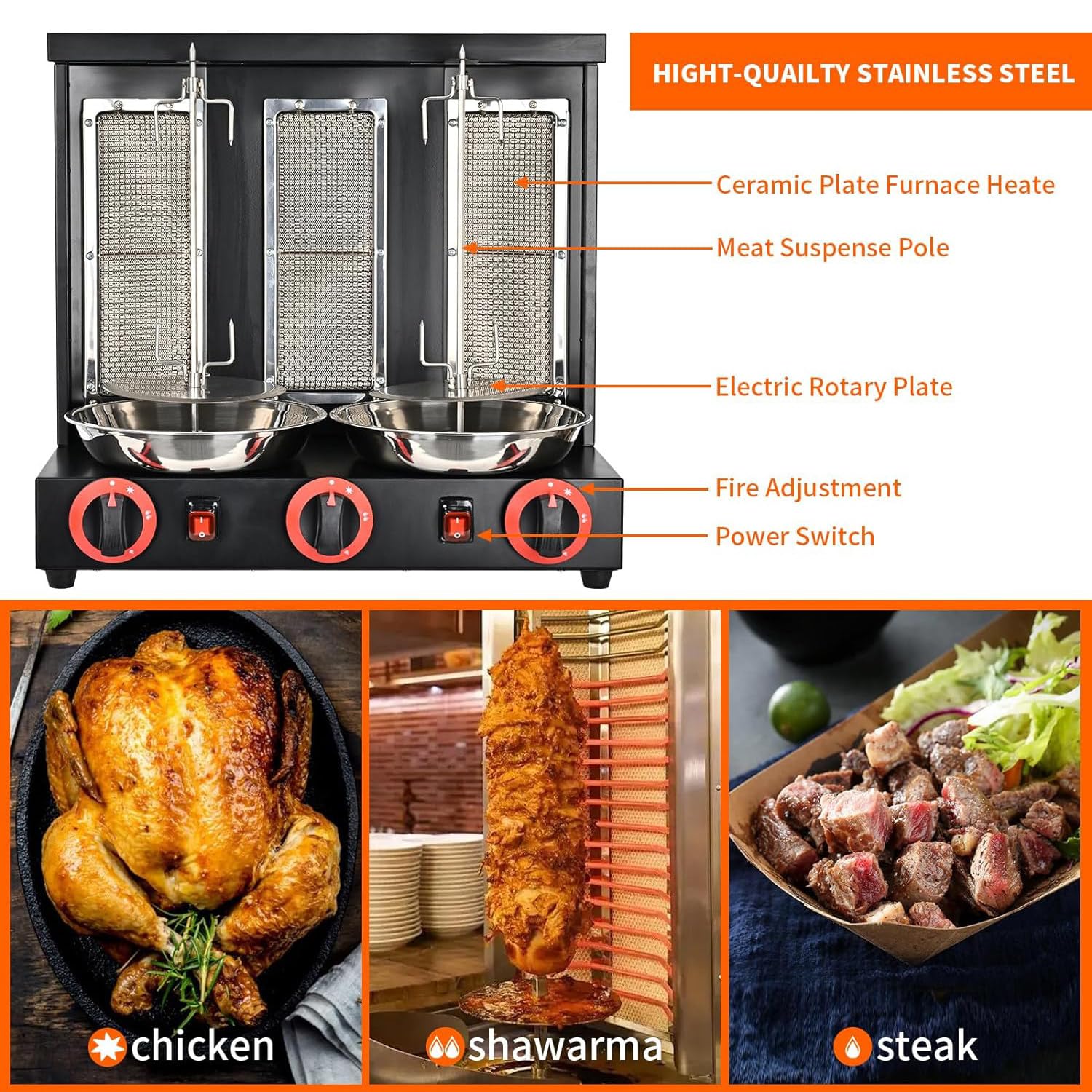 Rôtissoire Verticale Four Gril À Gaz Machine À Griller Rôtissoire À Viande Commerciale, Machine De Cuisson Tournante De Rôtissoire De Cuiseur De Kebab De Comptoir 360 ° Rotatif,Silver-L