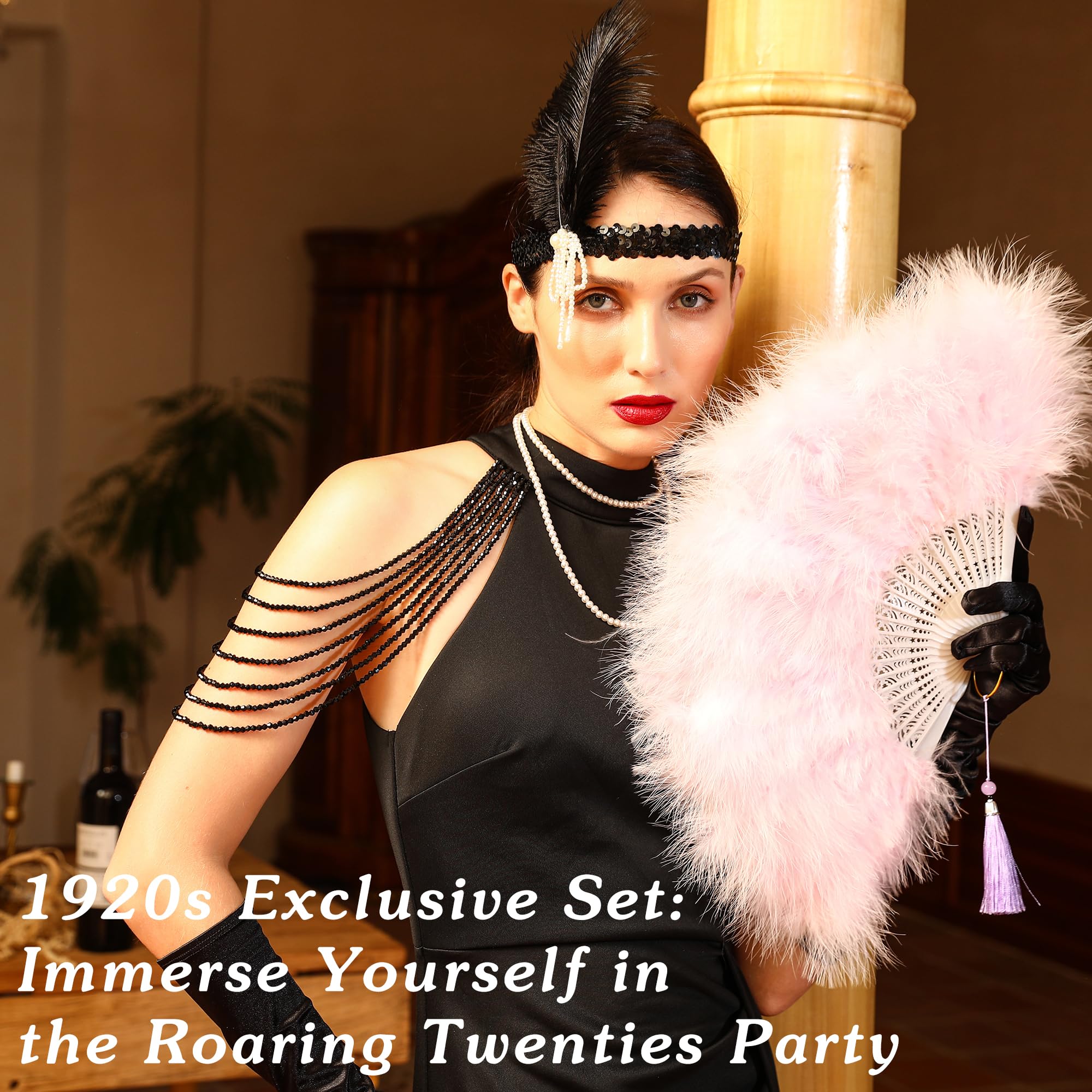 SOGUGOM Black Feather Fan with Headband - Renaissance, Rave, Hand Fan for 1920s Gatsby Party, Clothing Accessory and Party Decoration: Lavender Purple Large