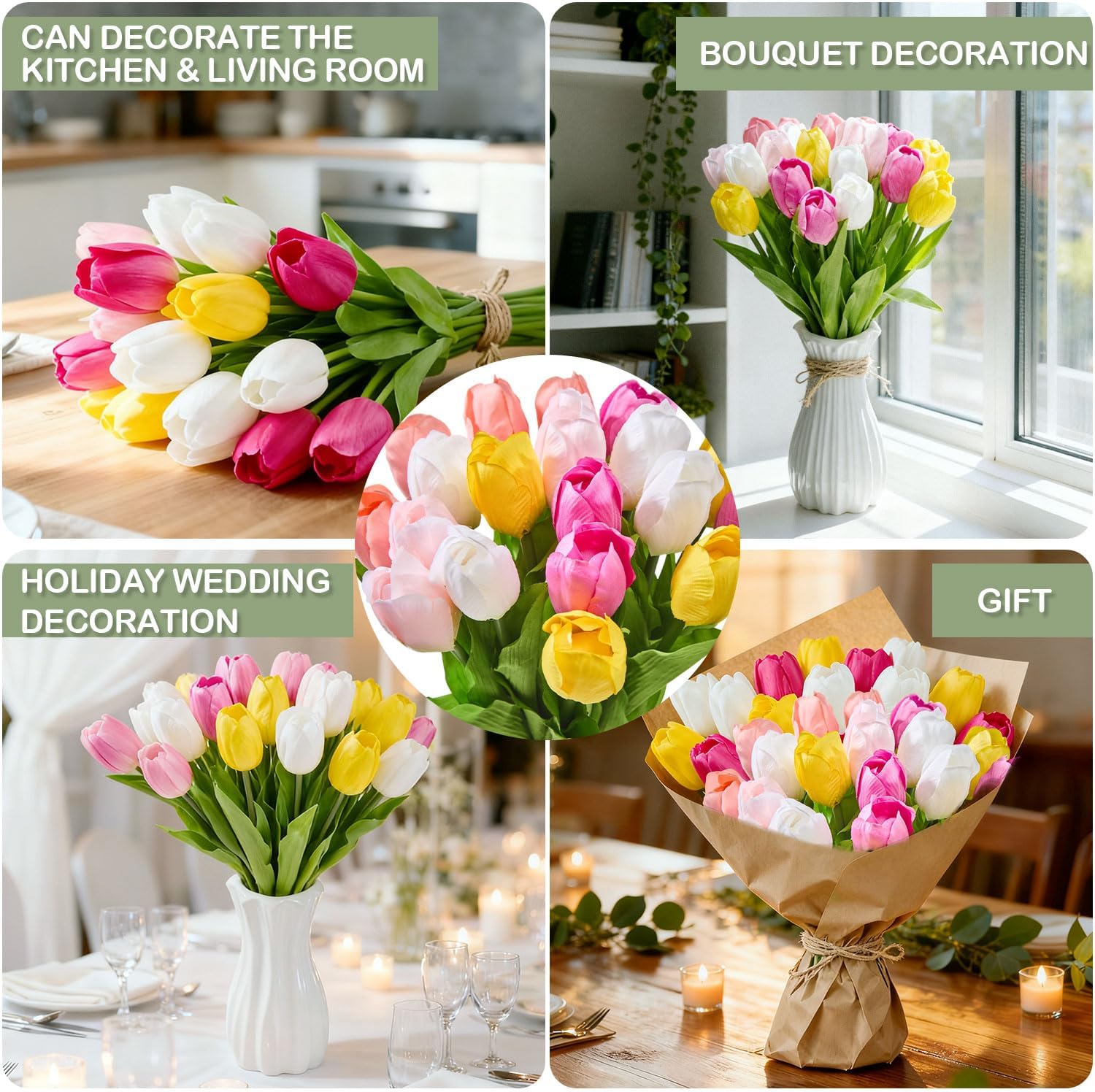 Artificial Tulips 20 pcs (Multi Color Silk Flowers for Wedding Spring Bouquet Home Decoration Office for Kitchen Island and Dining Table, Spring Decor for Easter