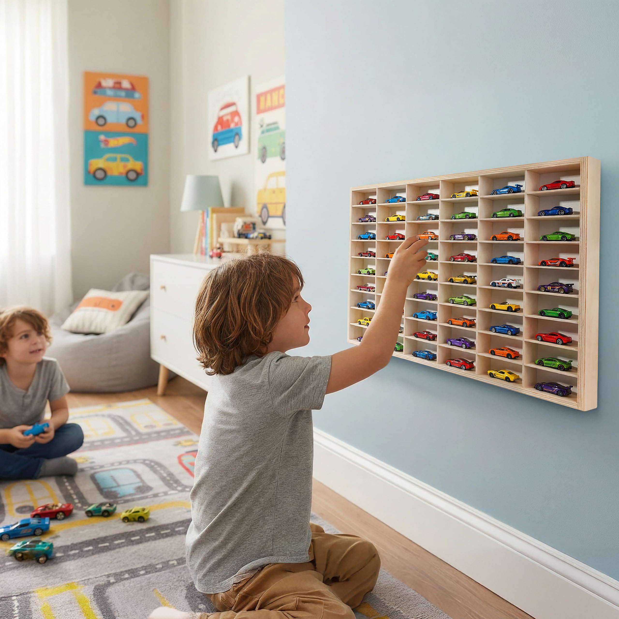 Creative Deco Étagère de Collection en Bois pour Petites Voitures – 54 Compartiments Réglables | 60 x 40 x 5,5 cm | Contreplaqué Naturel | Étagère Murale Verticale pour Figurines