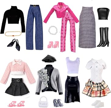 22 Pcs Doll Clothes for 11.5 Inch Dolls, Doll Outfits Fashion Set Preppy Set Leather Jacket and Trousers Sets Checked Skirt Sets Floral Skirt PuffSkirt Shoes Jewelry