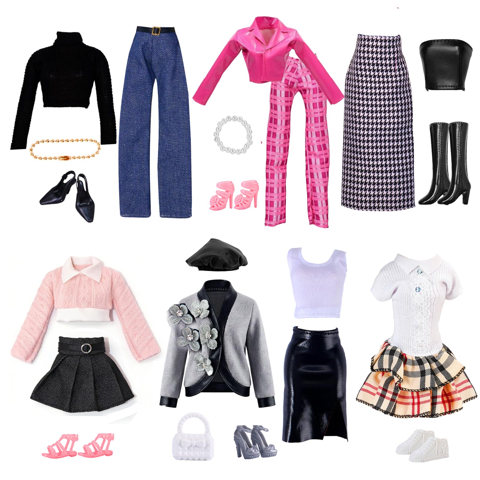 22 Pcs Doll Clothes Compatible with Barbie 11.5 Inch Dolls, Doll Outfits Fashion Preppy Sets Leather Jacket and Trousers Set Checked Skirt Set Floral Skirt Sets PuffSkirt Shoes Jewelry