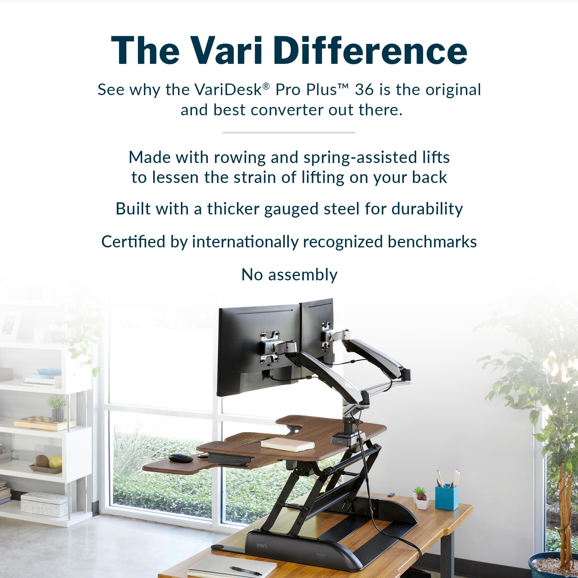 Vari Varidesk Pro Plus 36 Electric Standing Desk Converter – 11 Height Settings + Spring-Loader Lift, 2 Tier Design, Keyboard Tray – Fits Desktops 36” Wide x 26.5" Deep – Fully Assembled (): Walnut 36" Wide