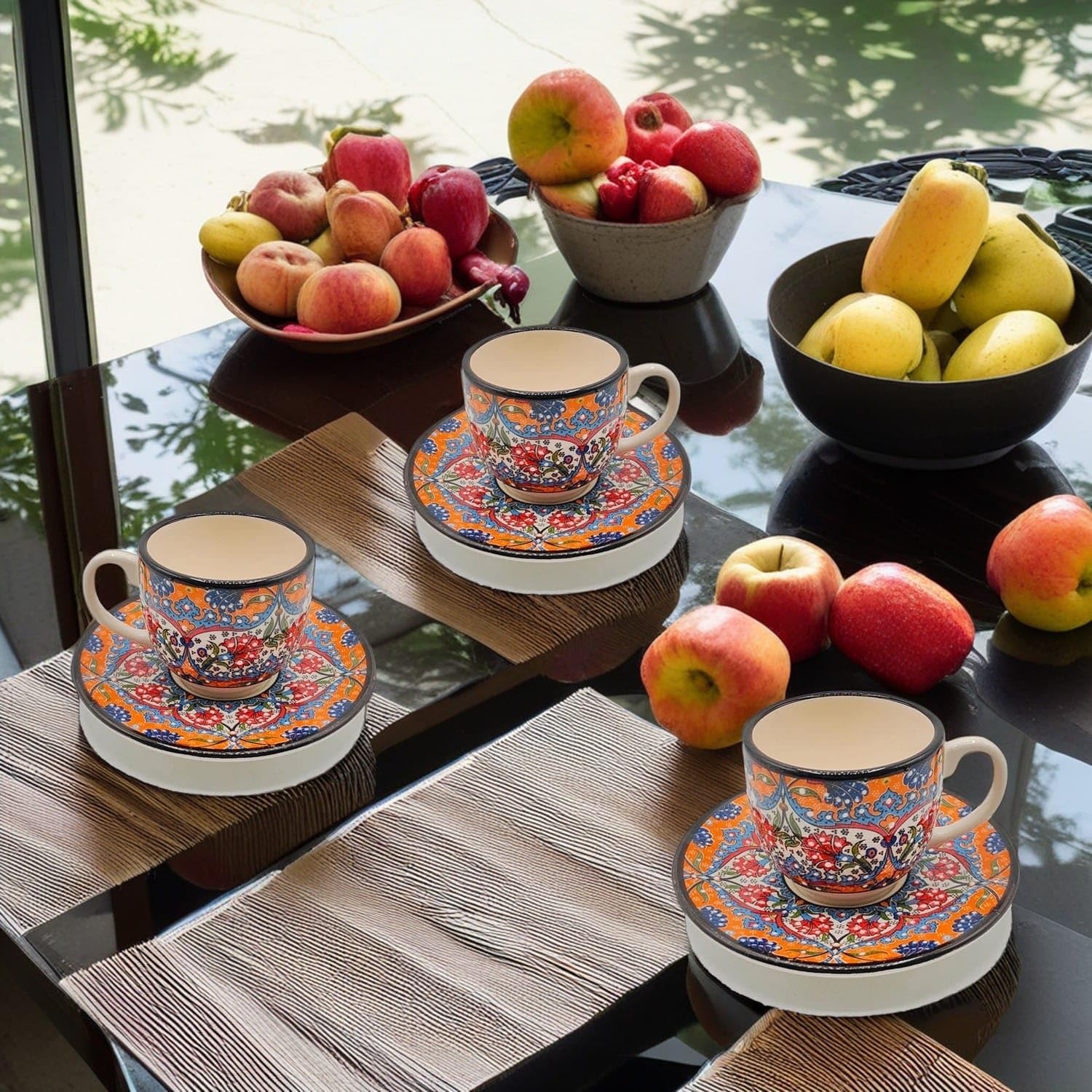 Komplettes Set mit 6 Espressotassen und Untertassen aus türkischer Keramik verziert - Raffiniertes ethnisches Handwerk 1308241204 Marokko Tunesien Ethnisch der Welt