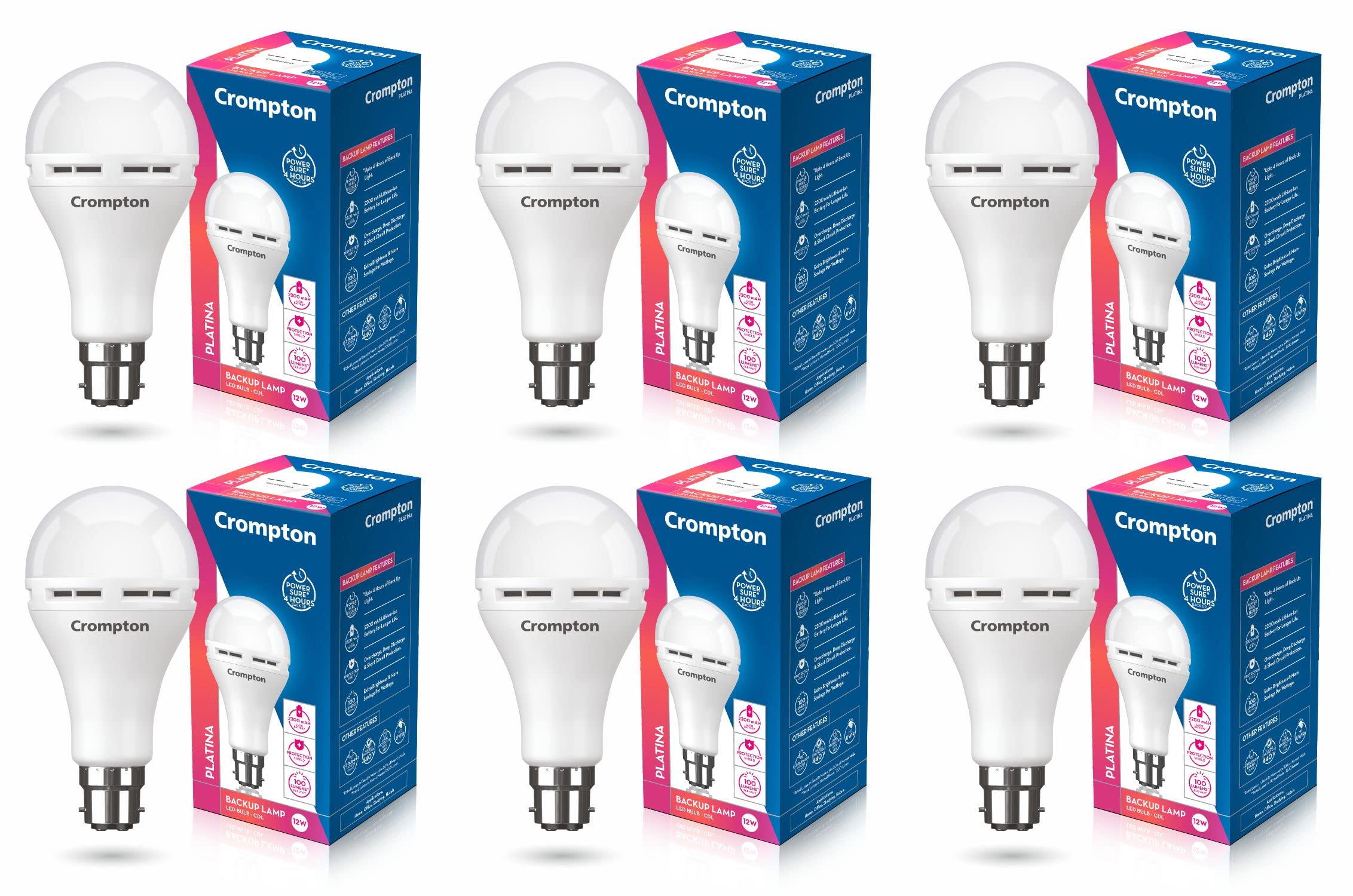 Crompton Emergency 12W LED Bulb Base B22 Cool Day Light (Pack of 6)