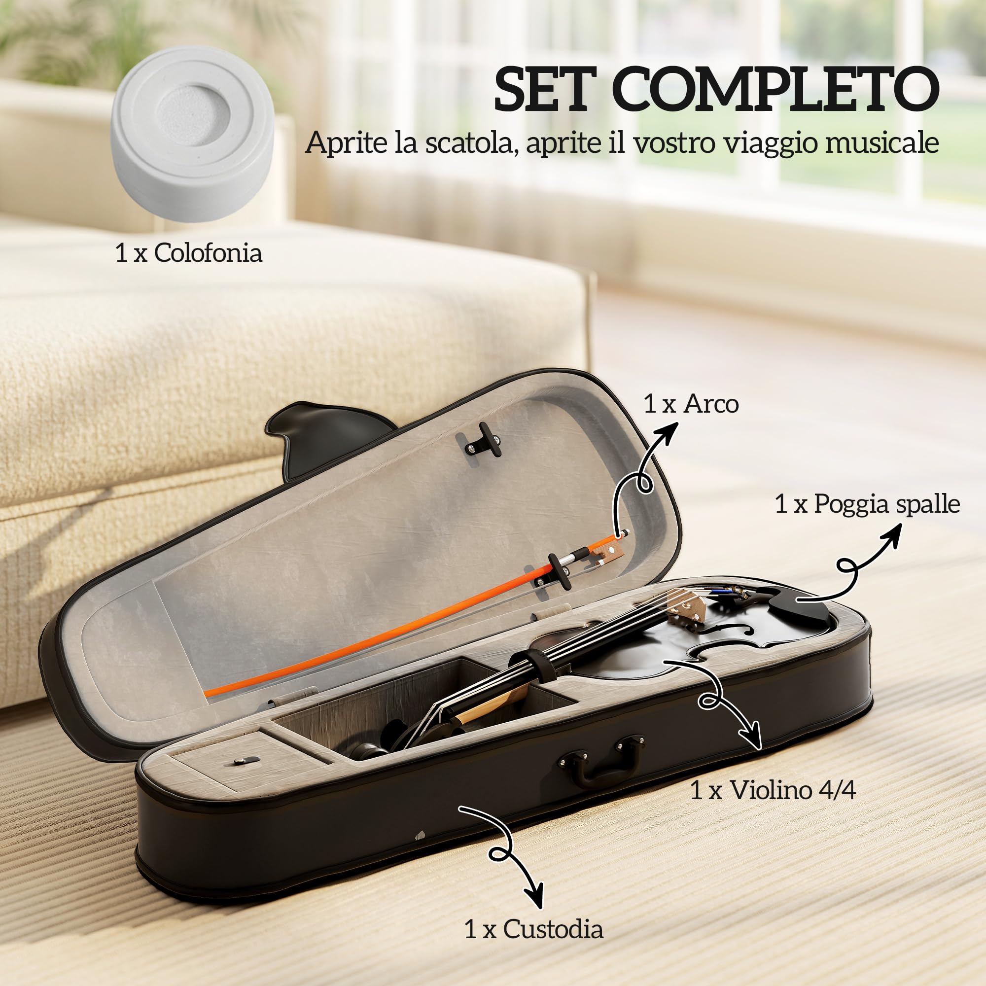 HOMCOM Violino 4/4 in Legno per Principianti e Adulti con Custodia Nero | Arco, Spalliera, Pece, Tavola in Compensato Abete, Manico e Testa in Acero