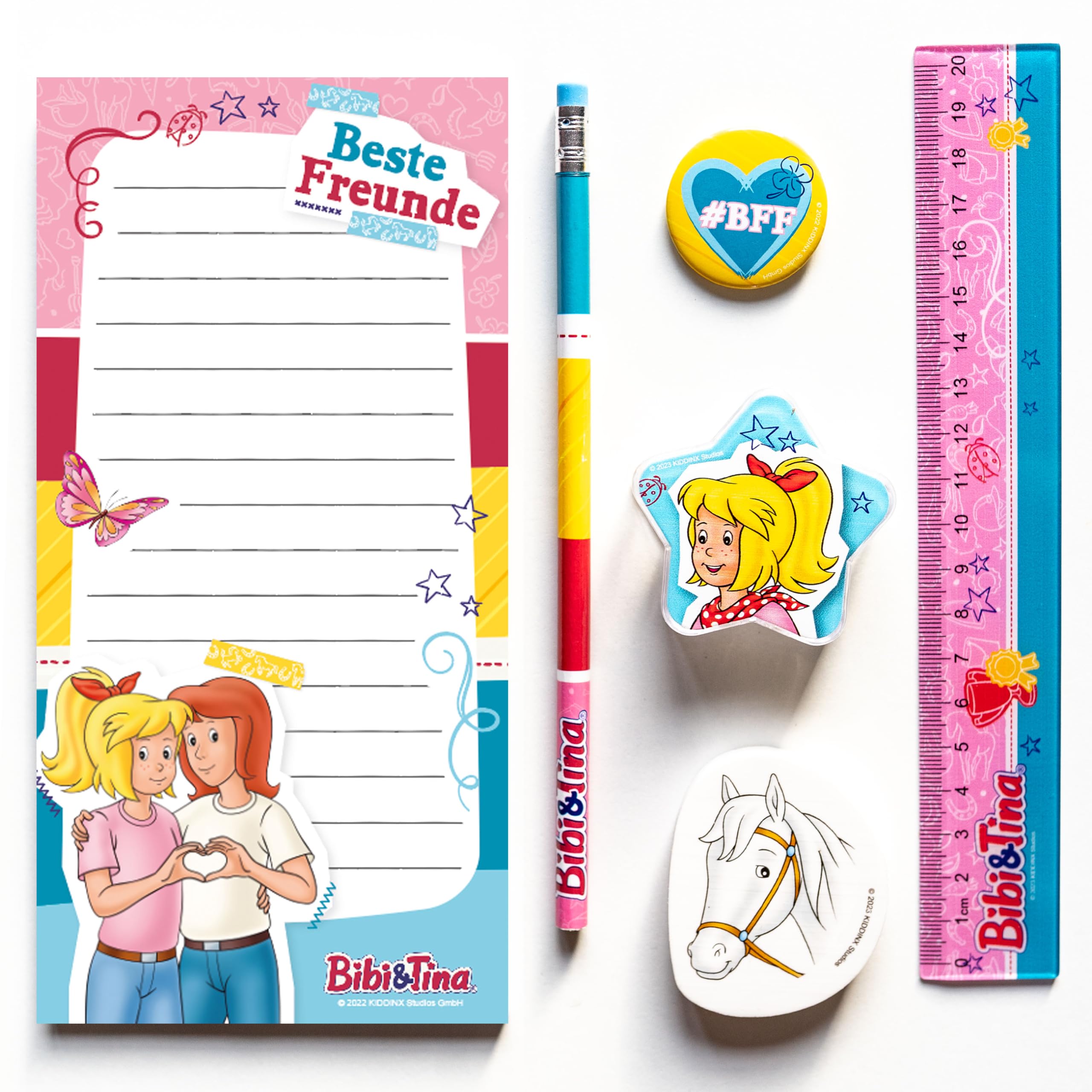 Papierdrachen 6-teiliges Schreibset für Grundschul Kinder | Bibi und Tina | mit Bleistift Spitzer Lineal Radierer Schreibblock | zur Einschulung | Mitgebsel für Kindergeburtstag | Set 8
