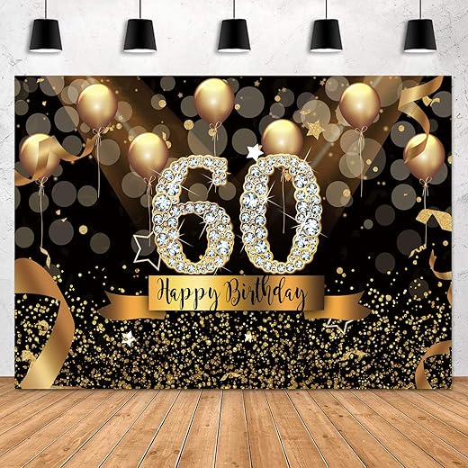 Sensfun Happy 60th Birthday Backdrop for Adult Party 7x5ft Bokeh Circle Glitter Gold Balloon Photography Background Sixty Birthday Black Gold Party Backdrops Diamond 60th Birthday Vinyl Photo Banner