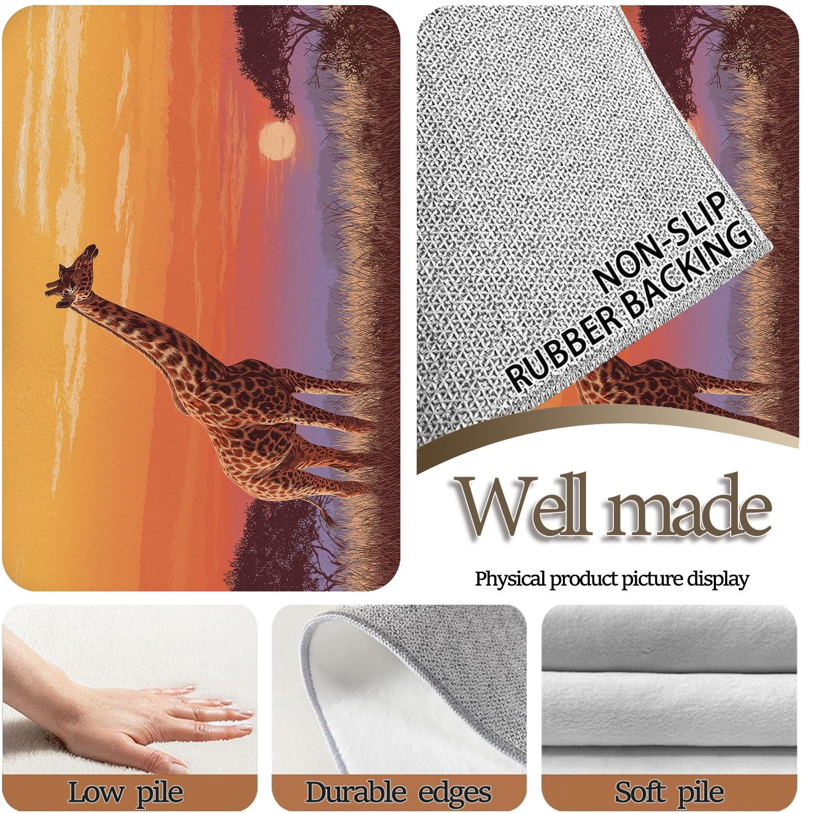 Teppich Wohnzimmer Modern Sonnenuntergangsgiraffe 80x150cm Waschbarer Kurzflor Teppich rutschfest Weich für Flur, Schlafzimmer und Büro, Wohndekoration