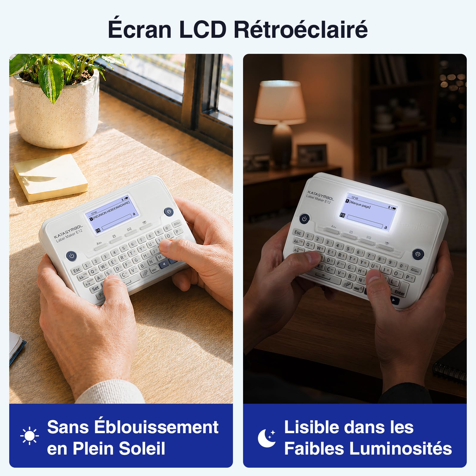 SUPVAN E12 Étiqueteuse livrée avec 4 Rubans,compatible avec Clavier et App, Écran Rétroéclairé, Marges Réduites, Recharge USB-C, sans Encre, idéal pour la Maison, la Cuisine, le Bureau, l'École, Blanc