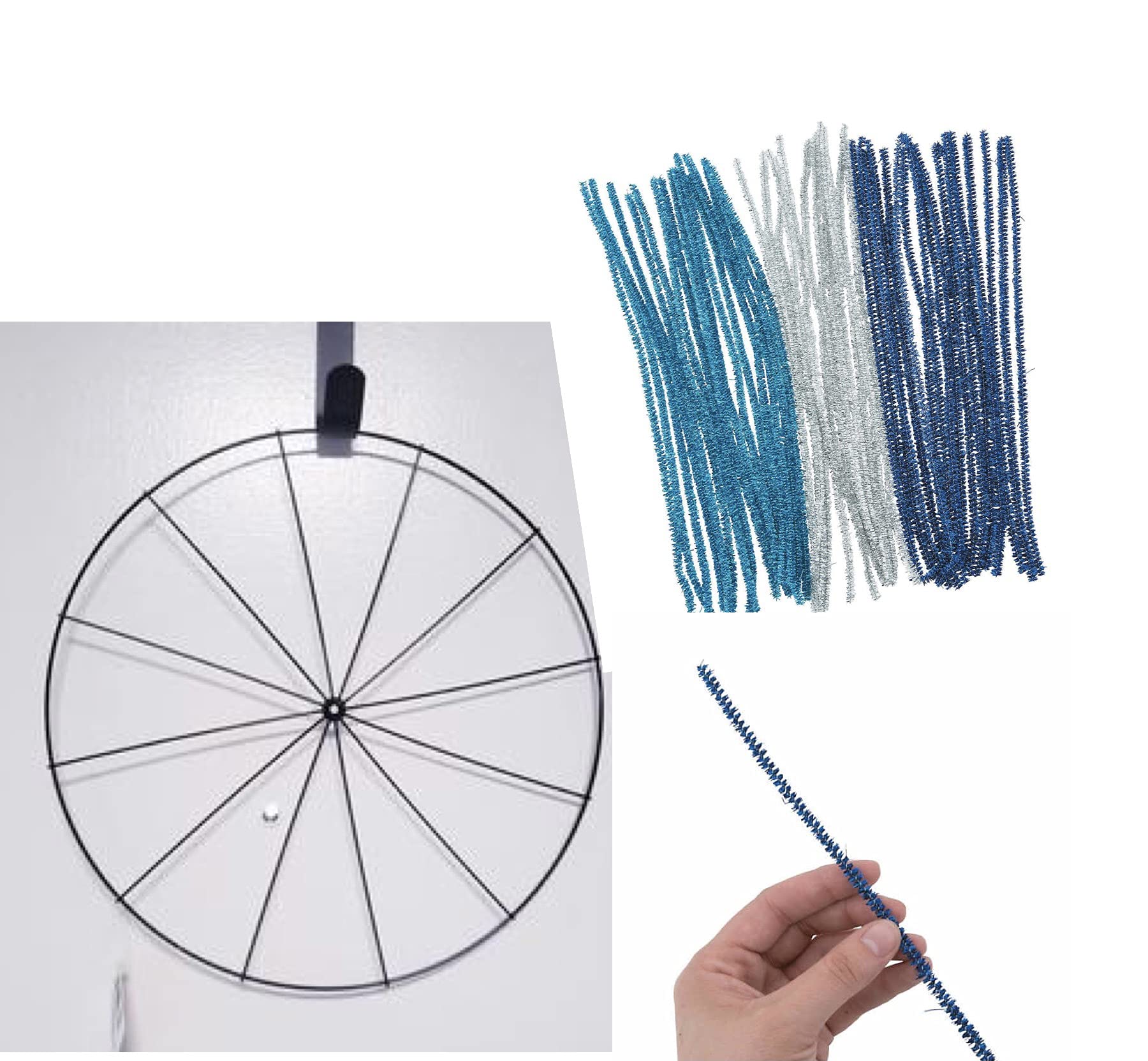 Floral Garden Bicycle Wheel Metal Wreath Rings (Set of 3), 14-in, Great for DIY, Crafting, Wreath Making, Centerpiece, Floral Bouquet. Bundled with 2 Metallic Chenille Stems