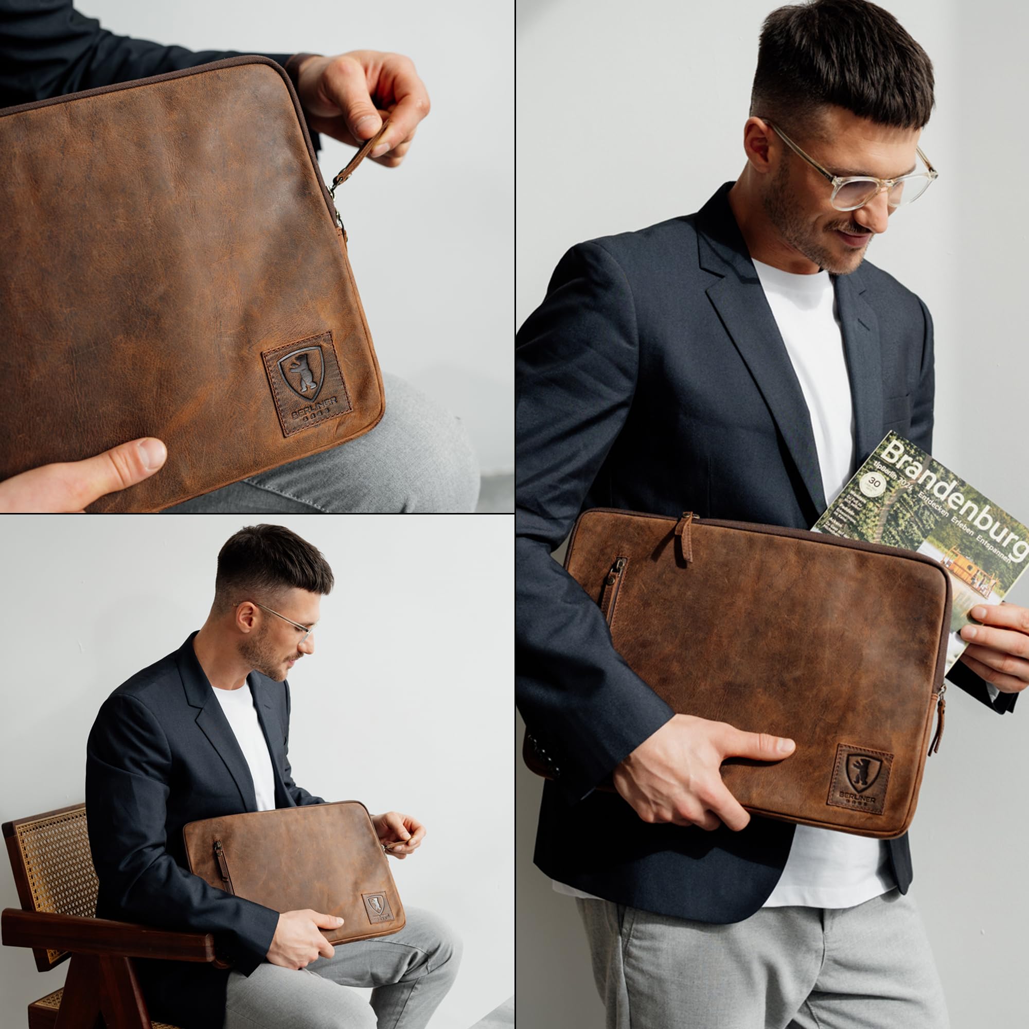 Berliner Bags Custodia per Laptop Nico Pollici in Vera Pelle Bovina, Sleeve Porta Computer con Zip e Tasca Esterna, Unisex – Marrone