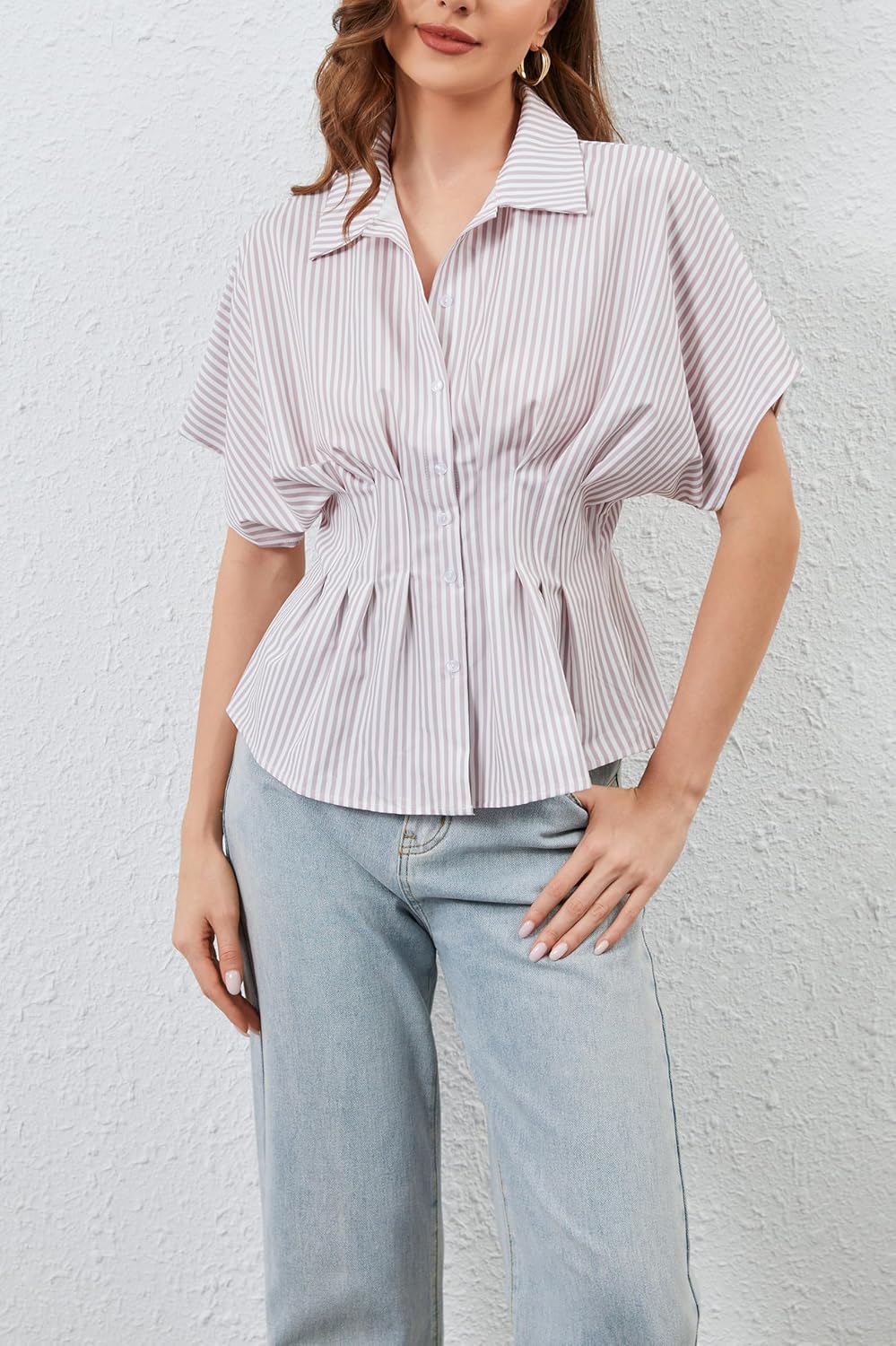 Women Striped Button Pleated Shirt Short Sleeve Summer Casual Peplum Blouse Purple