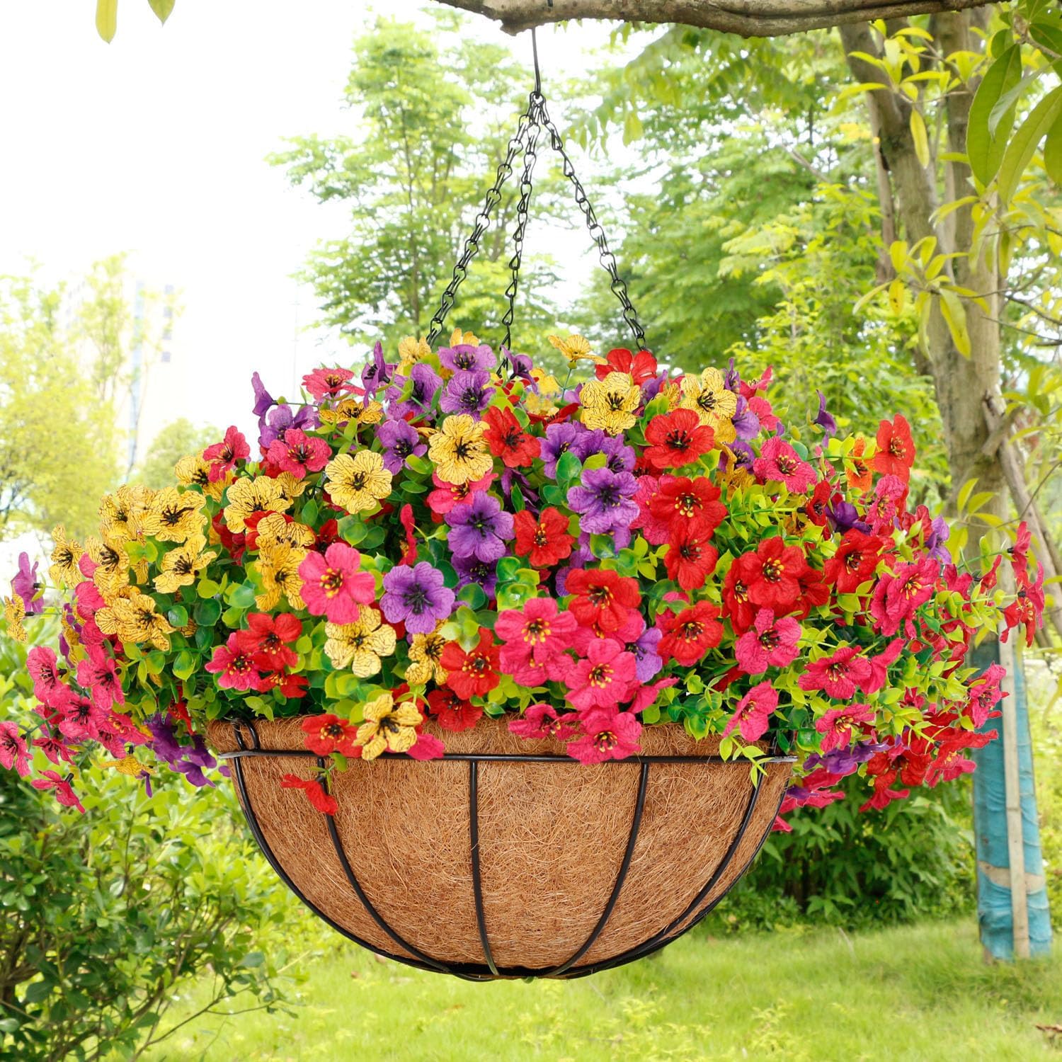 2 Set 14 Inch Large Artificial Fall Hanging Baskets with 36 Pcs Faux Mums Flowers for Outdoor, Lifelike Silk Floral Arrangement for Porch Garden Balcony and Home Patio Yard Fall Decor (Orange Yellow)