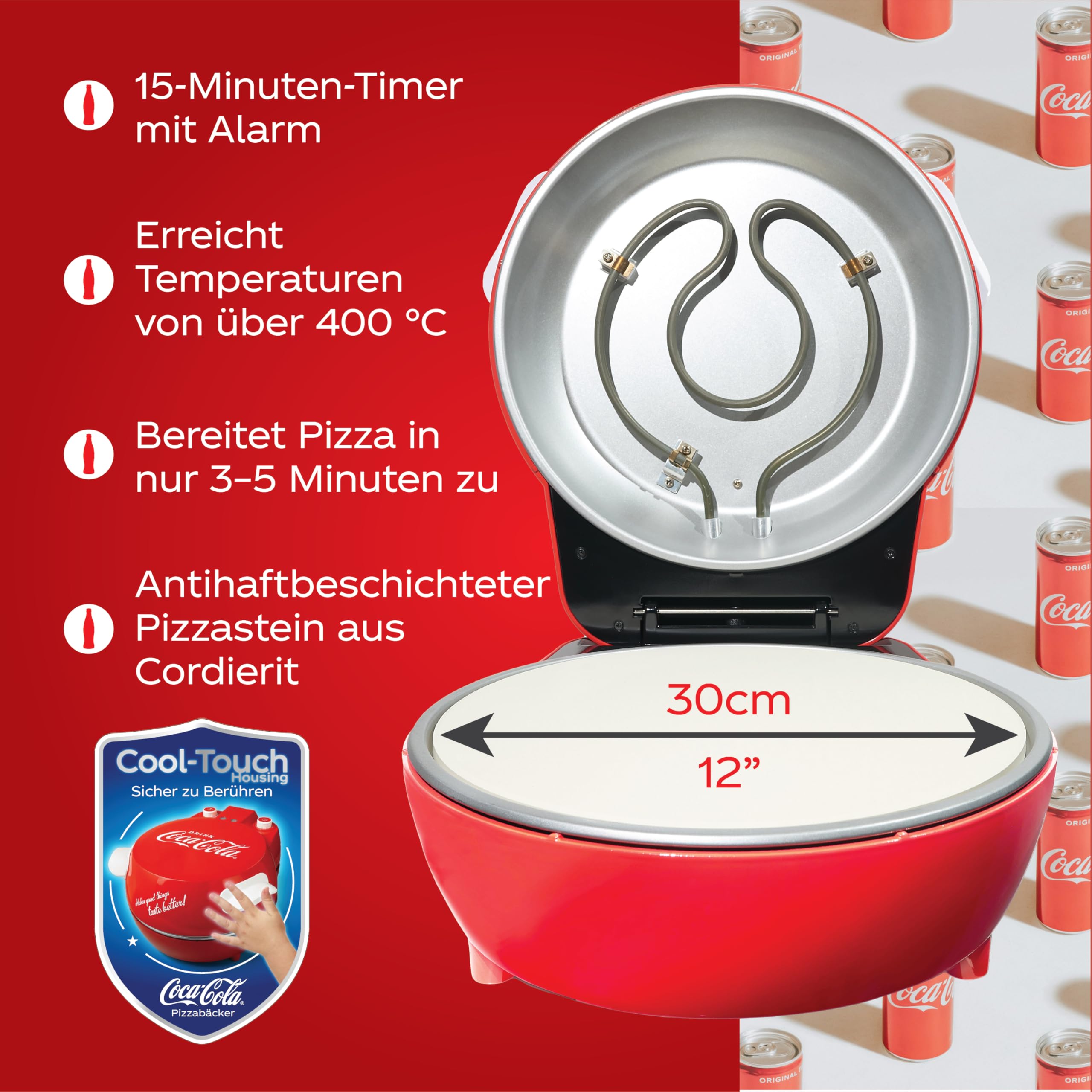 Salco Coca-Cola Pizzamaker – Perfect Pizza in 3-5 Minutes | Cordierite Stone 30 cm | Temperature up to 400 °C | Timer 15 Minutes | Cool-Touch Case | For Frozen and Fresh Pizzas