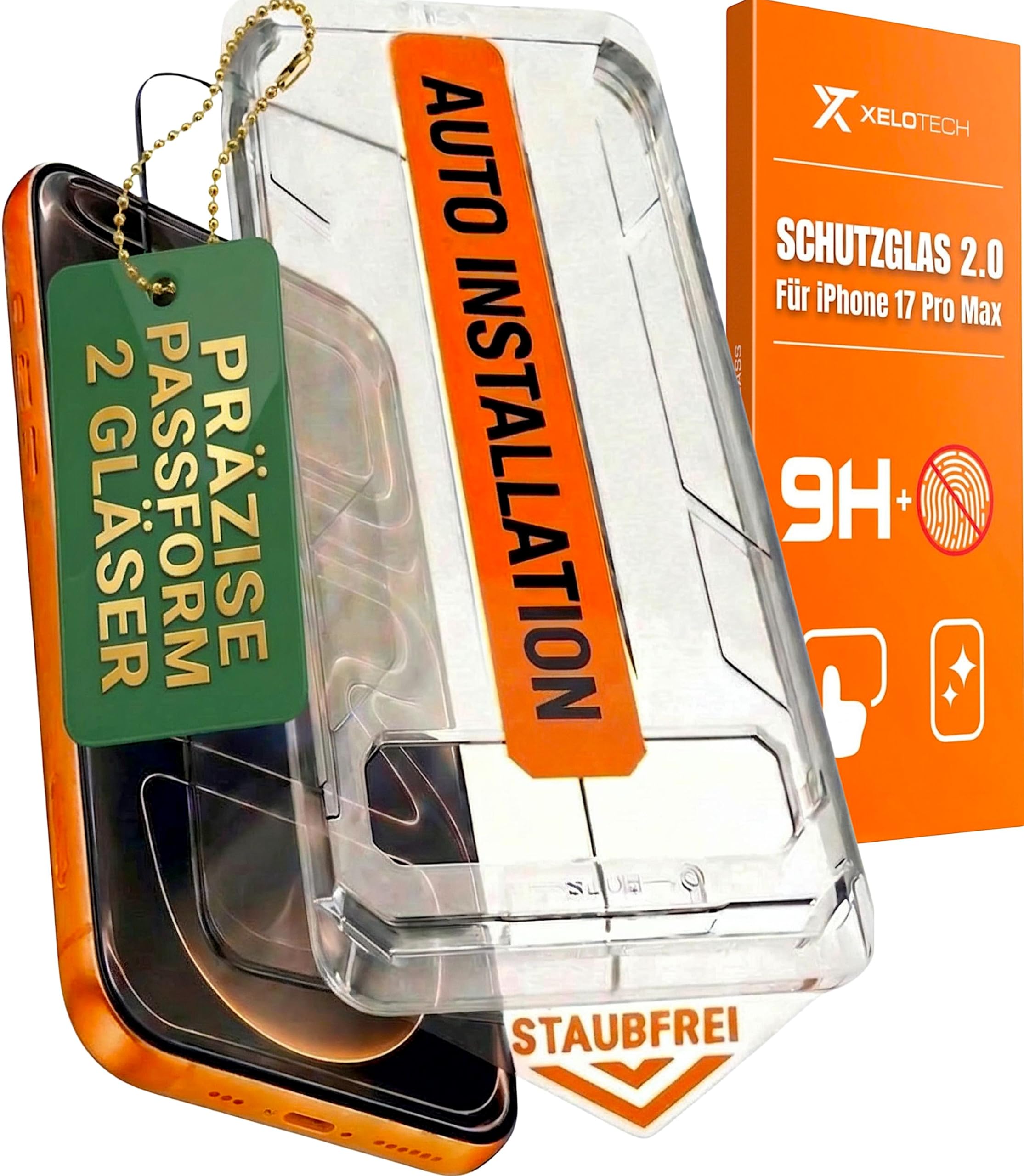 XeloTech Schutzglas für iPhone 17 Pro Max aus Panzerglas [9H+] neue blasenfreie Antistaub-Schablone, 2er Pack