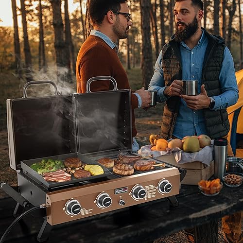 Miniatura 3 de GD4002TPY Combo de Parrilla y Plancha de Mesa Portátil con Capucha, Combo de Parrilla y Plancha de Gas Propano Portátil de 4 Quemadores para Patio