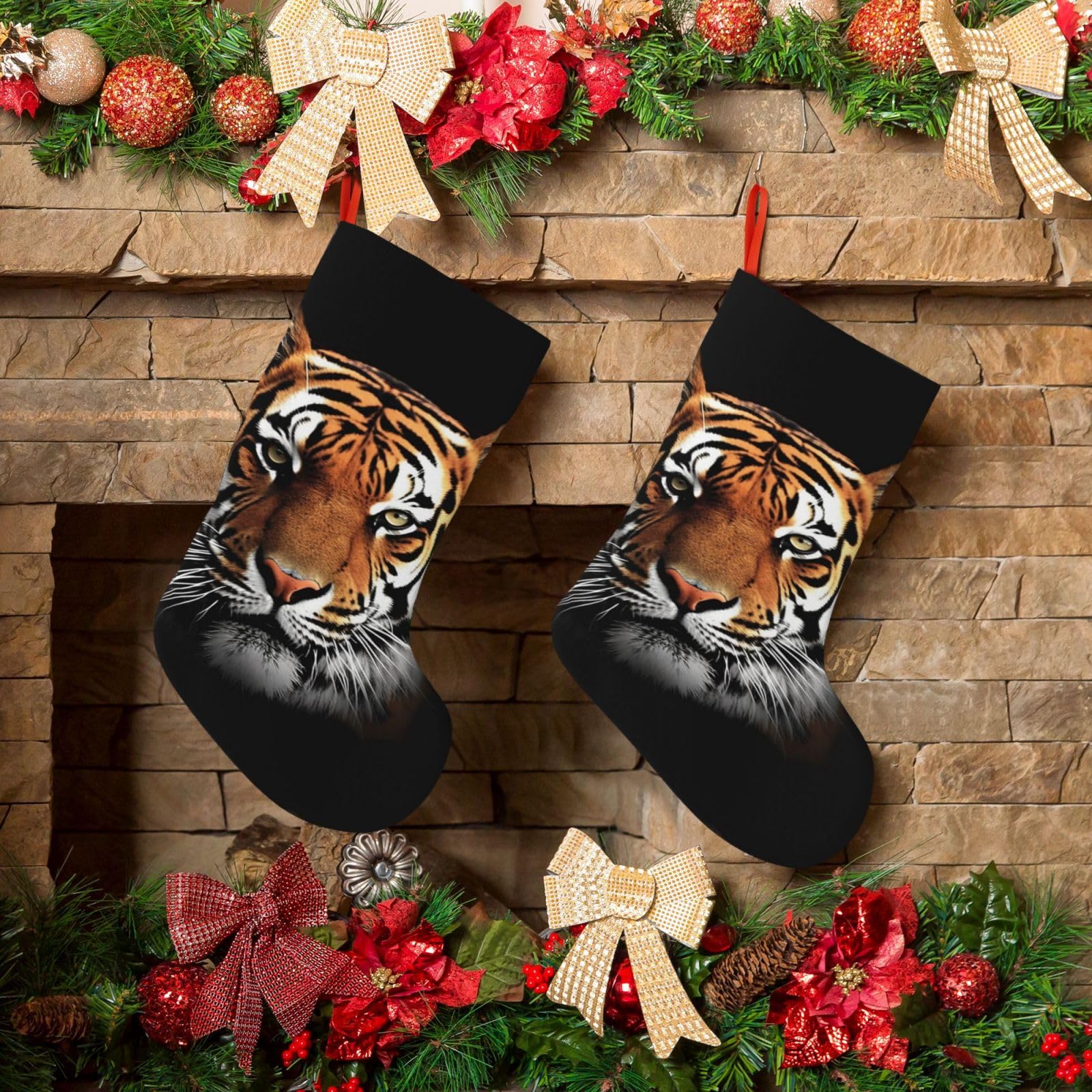 KLOPH Christmas Stockings 18" Personalized Xmas Stocking Tiger Face Decoration Stocking Hanging Fireplace Stocking for Holiday Xmas Tree Christmas Fireplace Decor