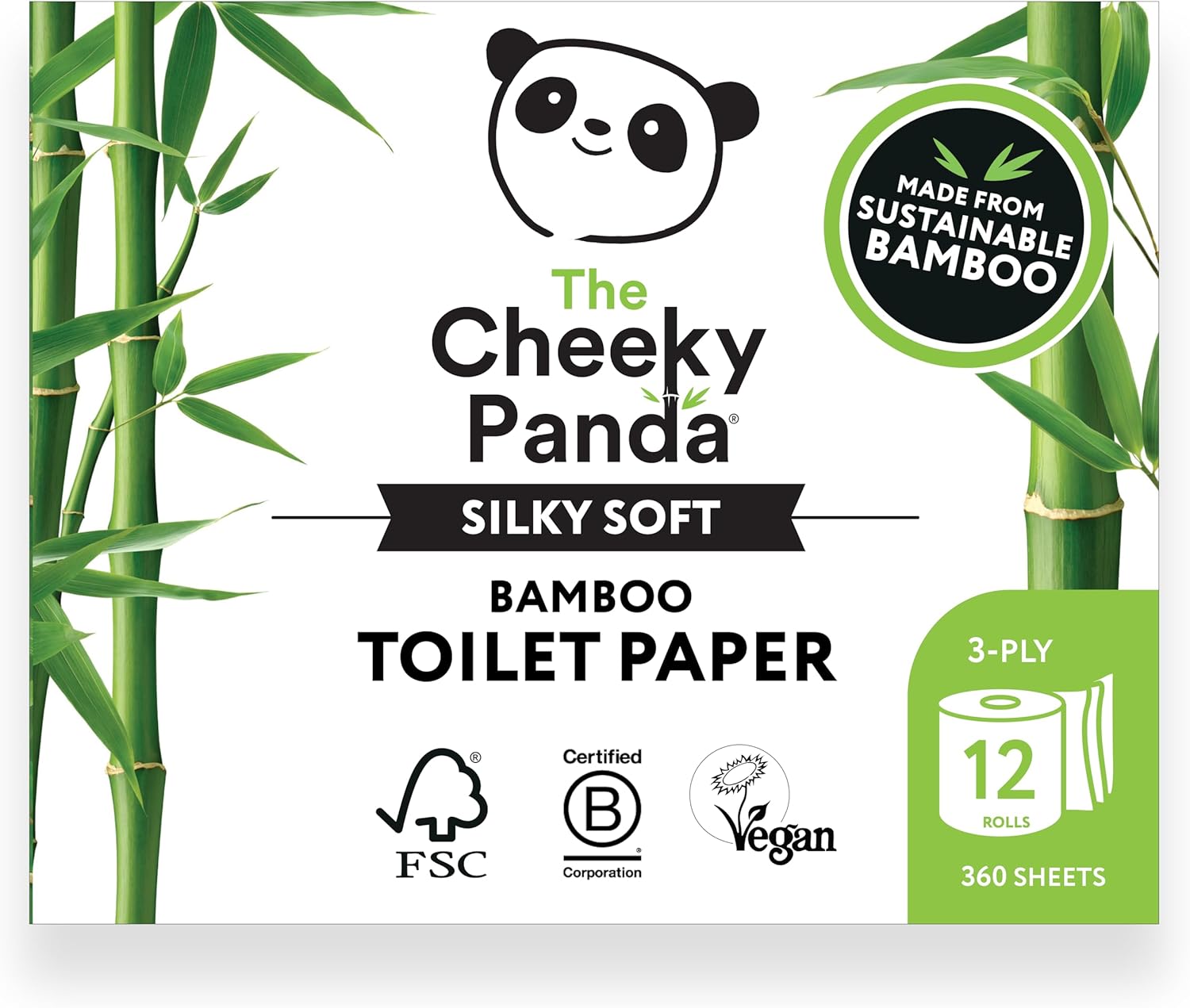 The Cheeky Panda Bamboo Toilet Paper Bulk | 12 Family Sized Rolls with 360 Soft Sheets Each (4320 Sheets) | Super Strong 3 Ply Biodegradable Toilet Paper White 12 Count (Pack of 1)
