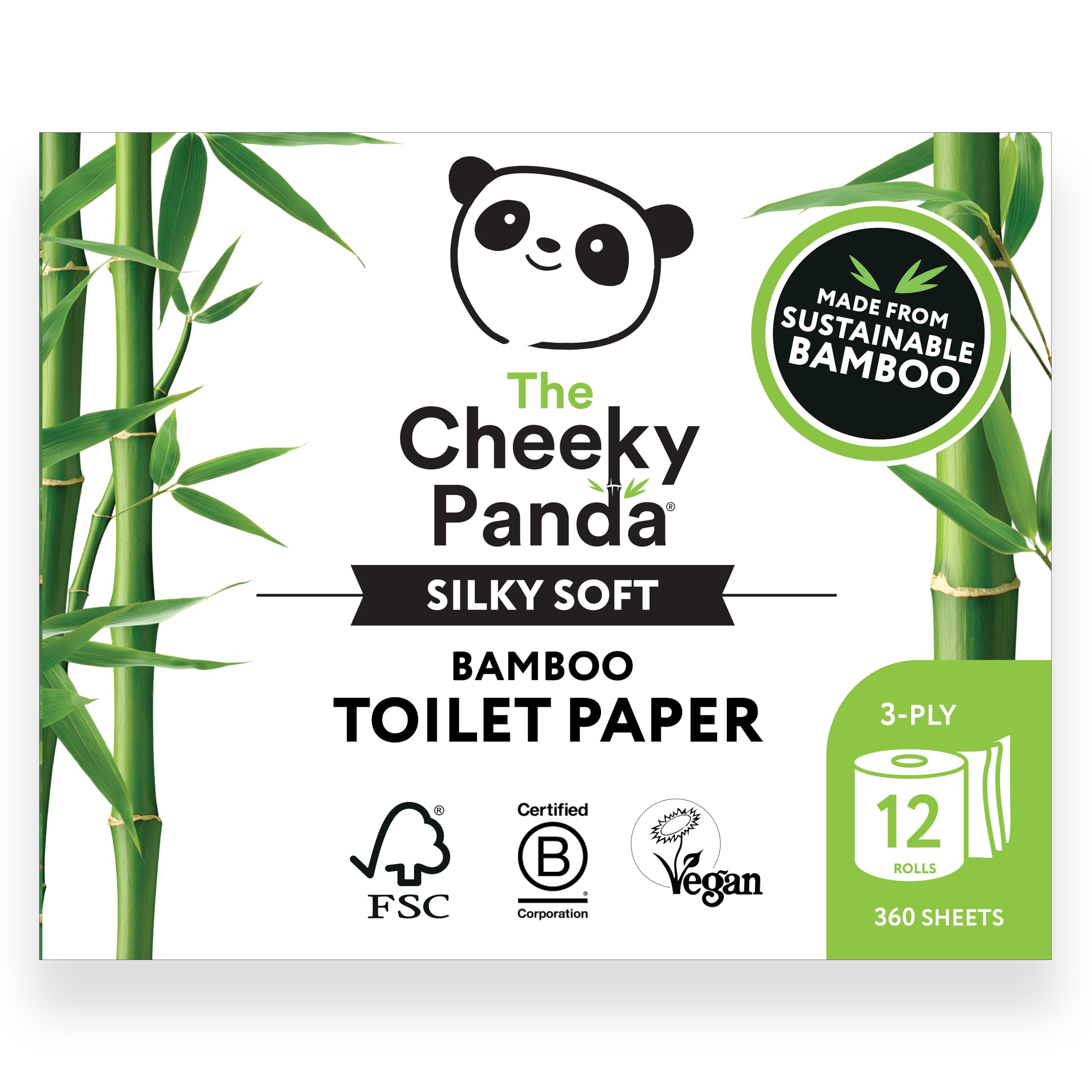 The Cheeky Panda Bamboo Toilet Paper Bulk | 12 Family Sized Rolls with 360 Soft Sheets Each (4320 Sheets) | Super Strong 3 Ply Biodegradable Toilet Paper