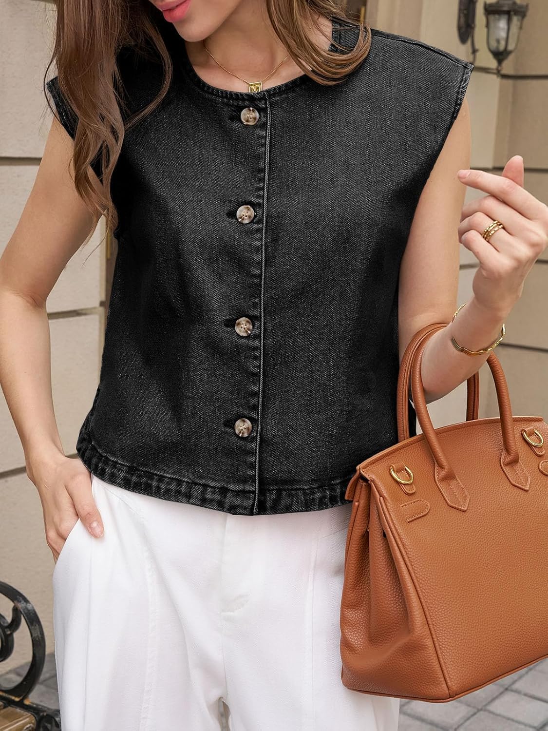 Tankaneo Womens Cropped Cap Sleeve Denim Vest Summer Button Down Jean Tank Tops Trendy Casual Waistcoats - Image 5