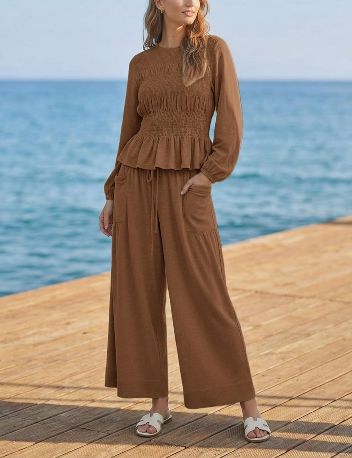 Womens 2-Piece Boho Long Sleeve Smocked Top & Wide Leg Pants Set Casual Lounge Outfit with Pockets - Image 4