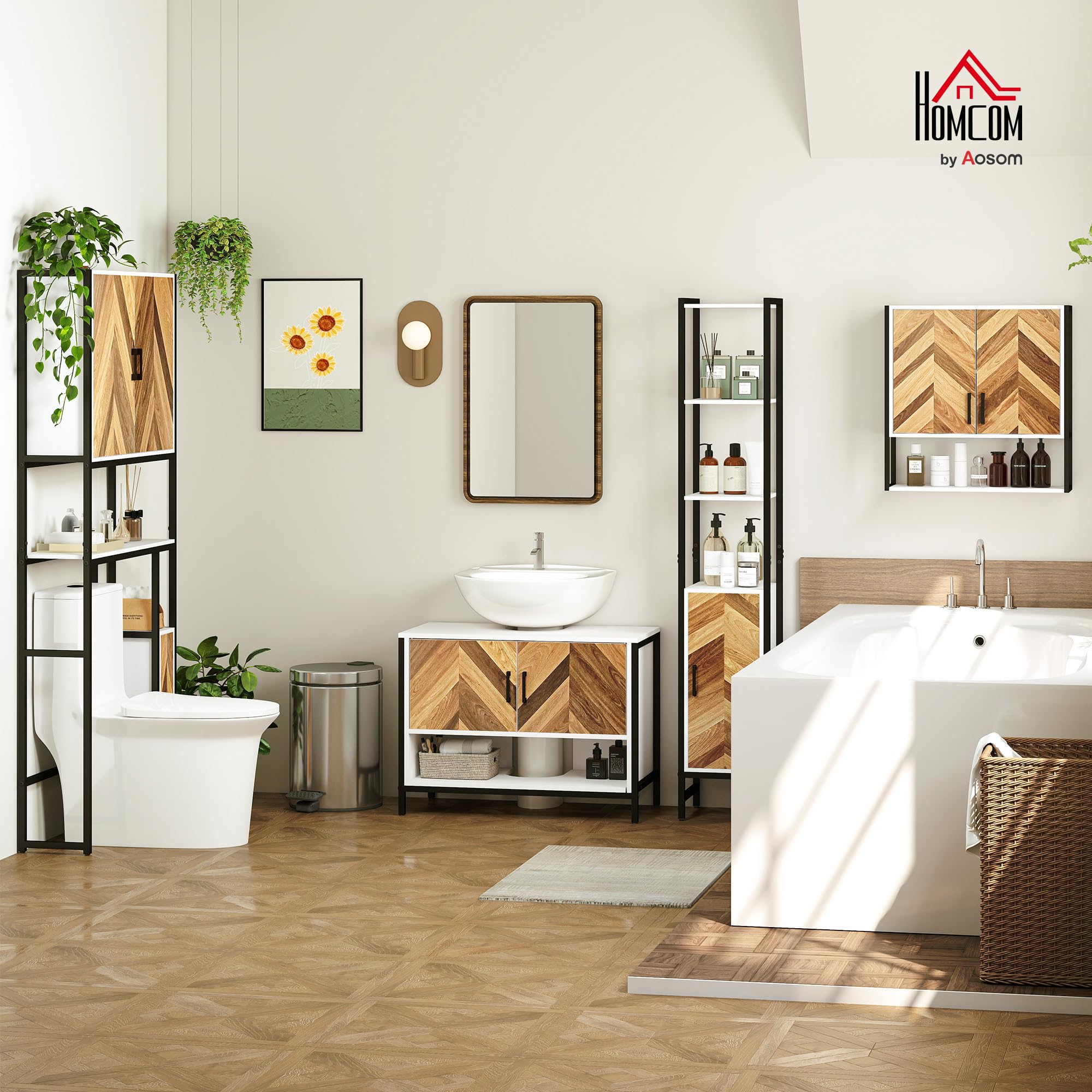 HOMCOM Armario de Pared para Baño Multiusos 59x20x60 cm Multicolor | Mueble de Baño Suspendido, Armario Colgante de Almacenamiento, con 2 Puertas, Estante Ajustable, Estante Abierto