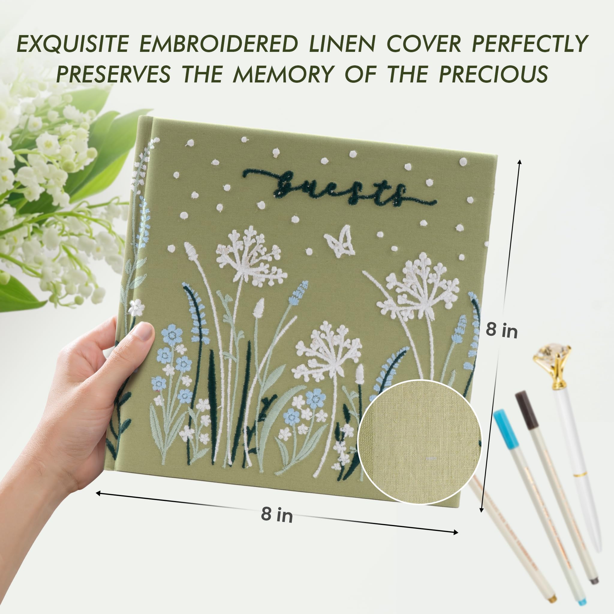 Gatyko Embroidered Wedding Guest Book—The Perfect Polaroid Guest Book for Wedding Receptions, Birthdays, Baby Showers, and Special Events with 3 Photo Corner Stickers+ 3 DIY pens+1 Diamond Pen(Green)