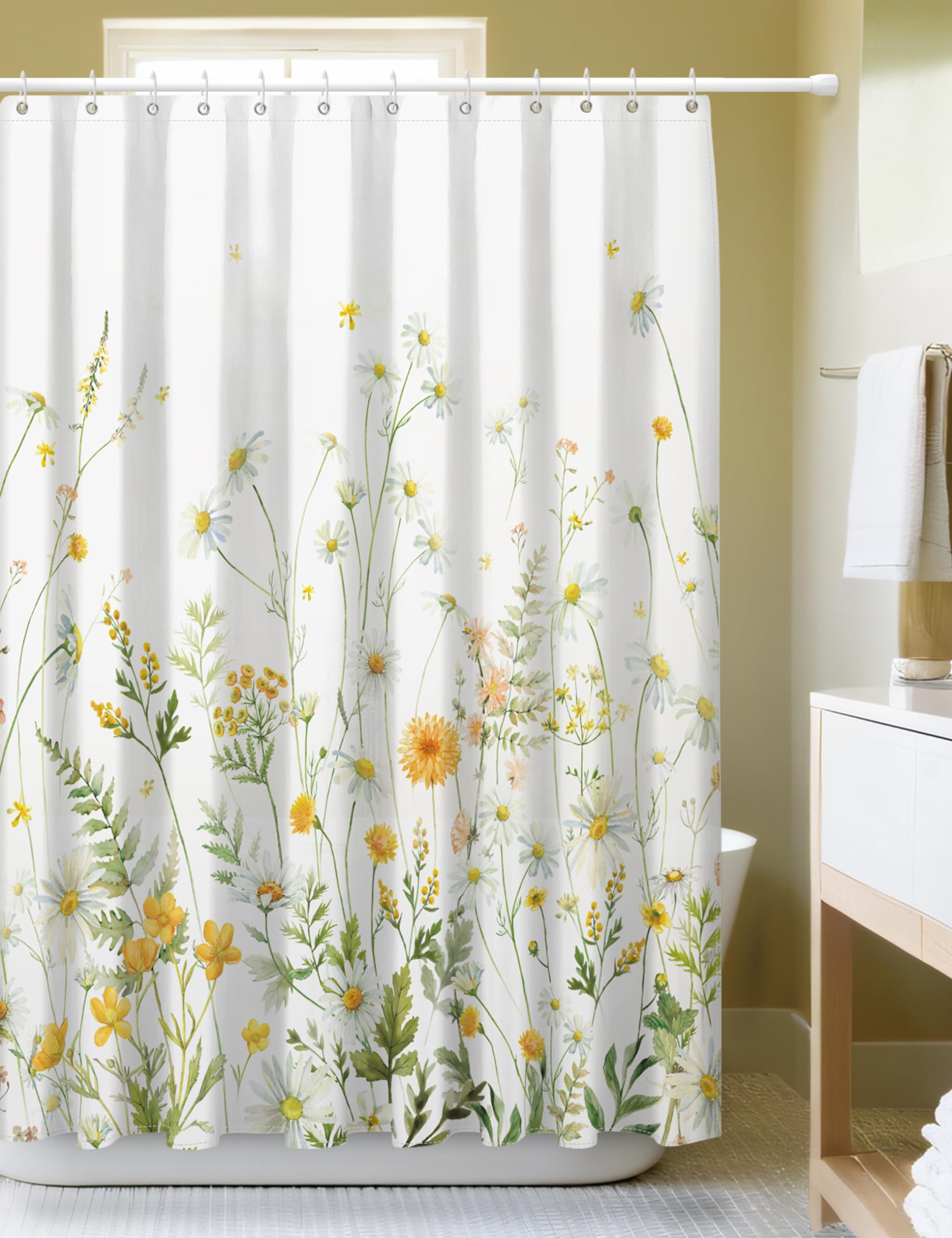 SUMGAR Floral Shower Curtains for Bathroom Yellow Green Blooming Flowers Shower Curtain Polyester Fabric Waterproof Washable Shower Curtain Sets for