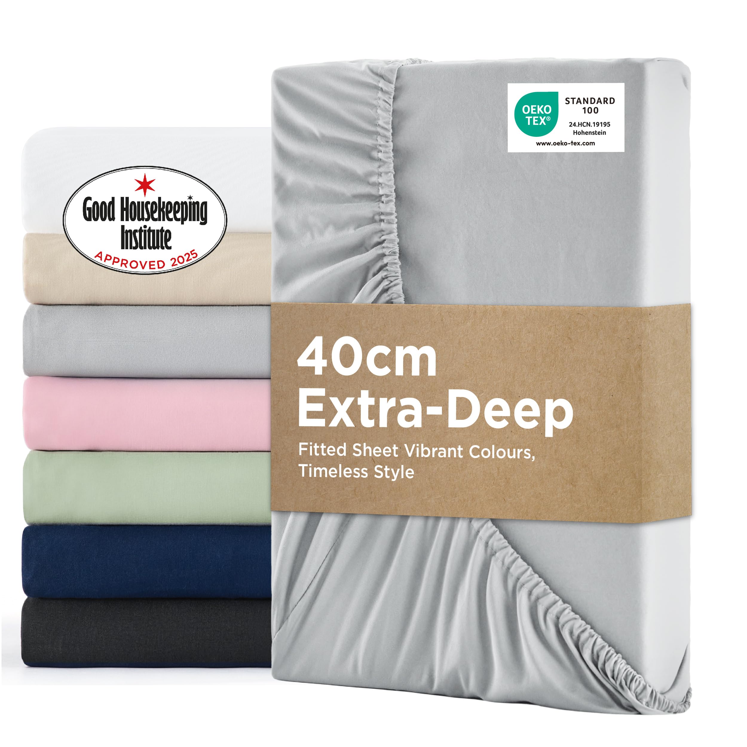 Bedsure King Size Fitted Sheets - Bed Sheets Extra Deep Pocket 16 inch (40 cm) made of Soft Brushed Microfiber for Kingsize Bed, Grey, 150x200cm