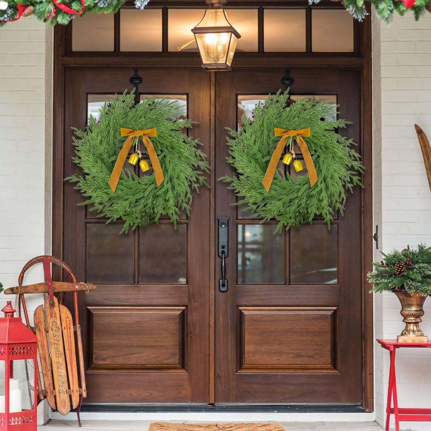 26” Christmas Wreath for Front Door, Real Touch Norfolk Christmas Wreaths with Ribbon Bow Bell Xmas Door Wreath for Indoor Outdoor Windows Wall Holiday Decor Christmas Decoration - Image 2