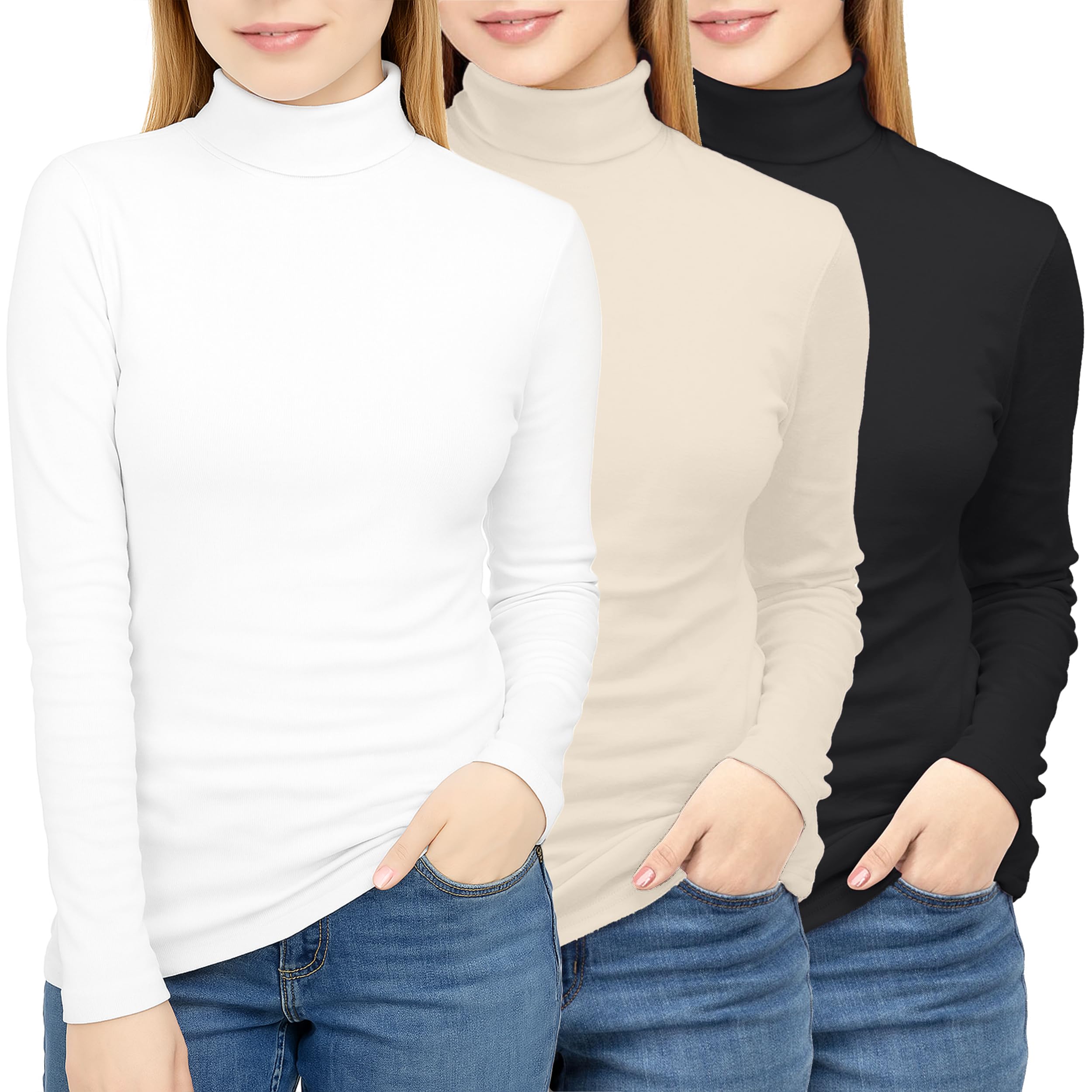NY Threads 3 Pack Womens Turtleneck Long Sleeve Tops Slim Fit Thermal Underwear Shirts Turtle Neck for Women, Medium, Black/White/Beige