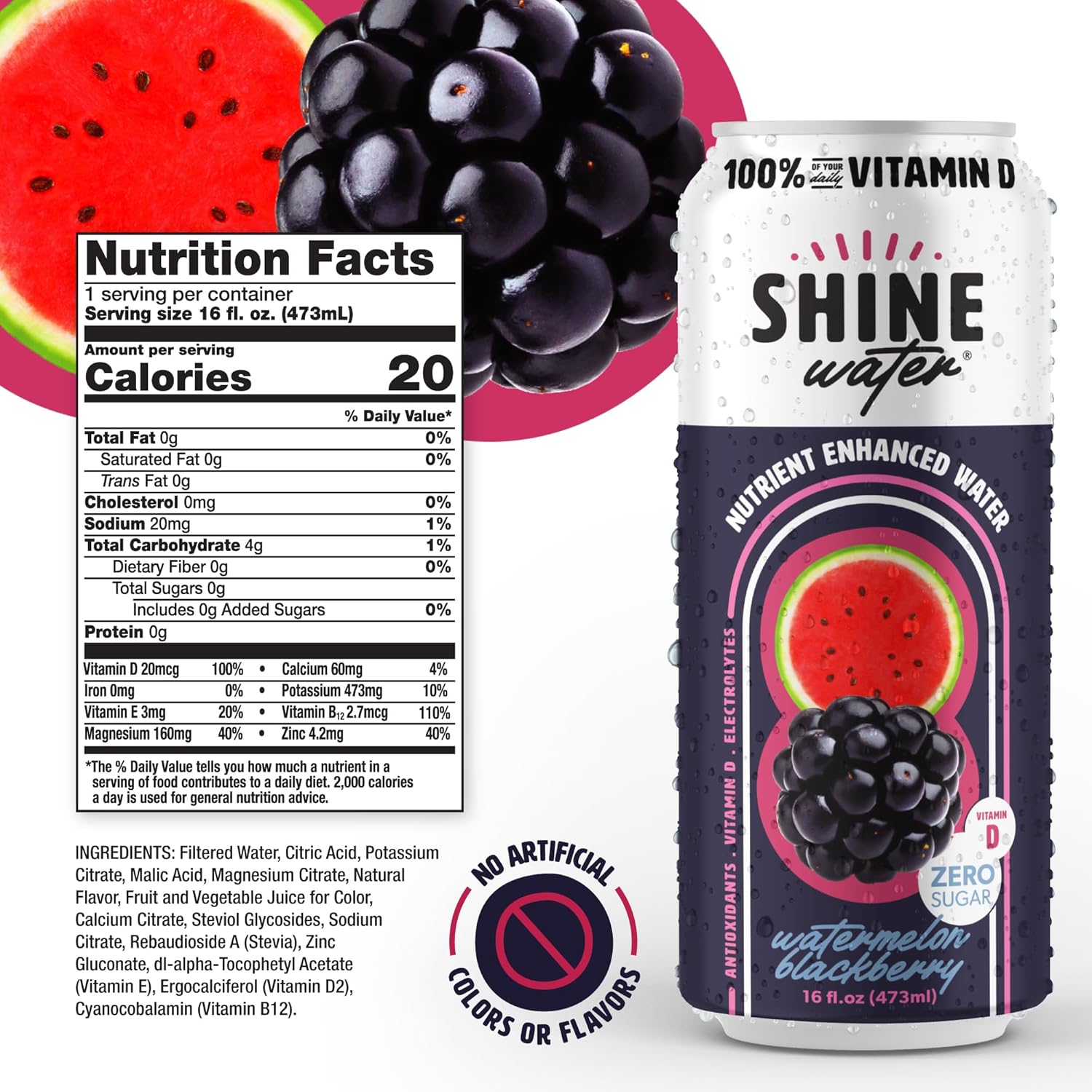 Shine Water Watermelon Blackberry Vitamin D Electrolyte Drinks 12-Pack, Sugar Free Flavored Water with Magnesium, Zinc & Antioxidants, Low Calorie Hydration Beverage, Plant-Based Vitamin Water Zero Sugar