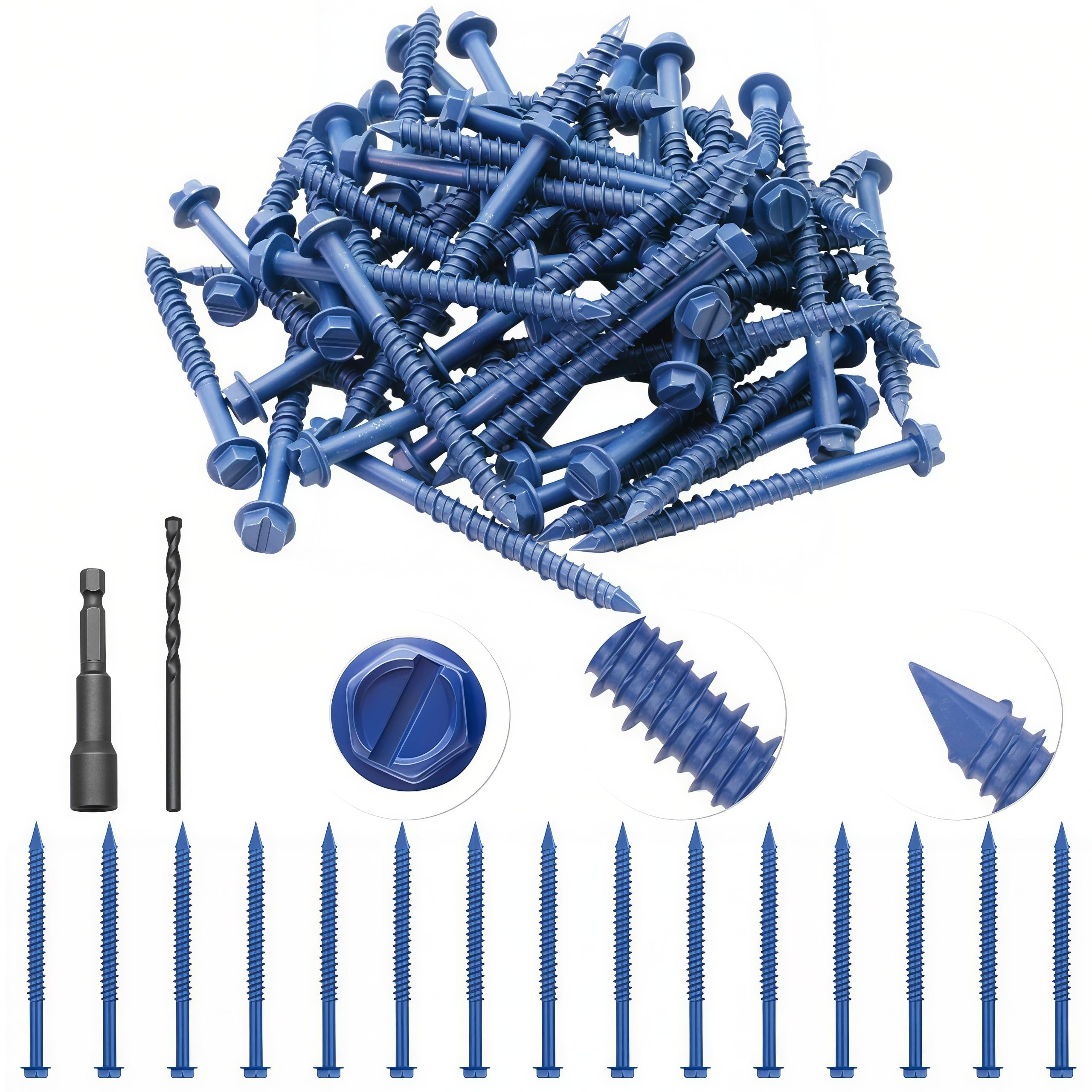Mostantu 60Pcs 3/16" x 2-1/4" Concrete Screws with Drill Bit and Driver bit Kit, Hex Head Concrete Cement Screws Anchor for Anchoring to Masonry, Block or Brick Stucco (3/16"x2-1/4")