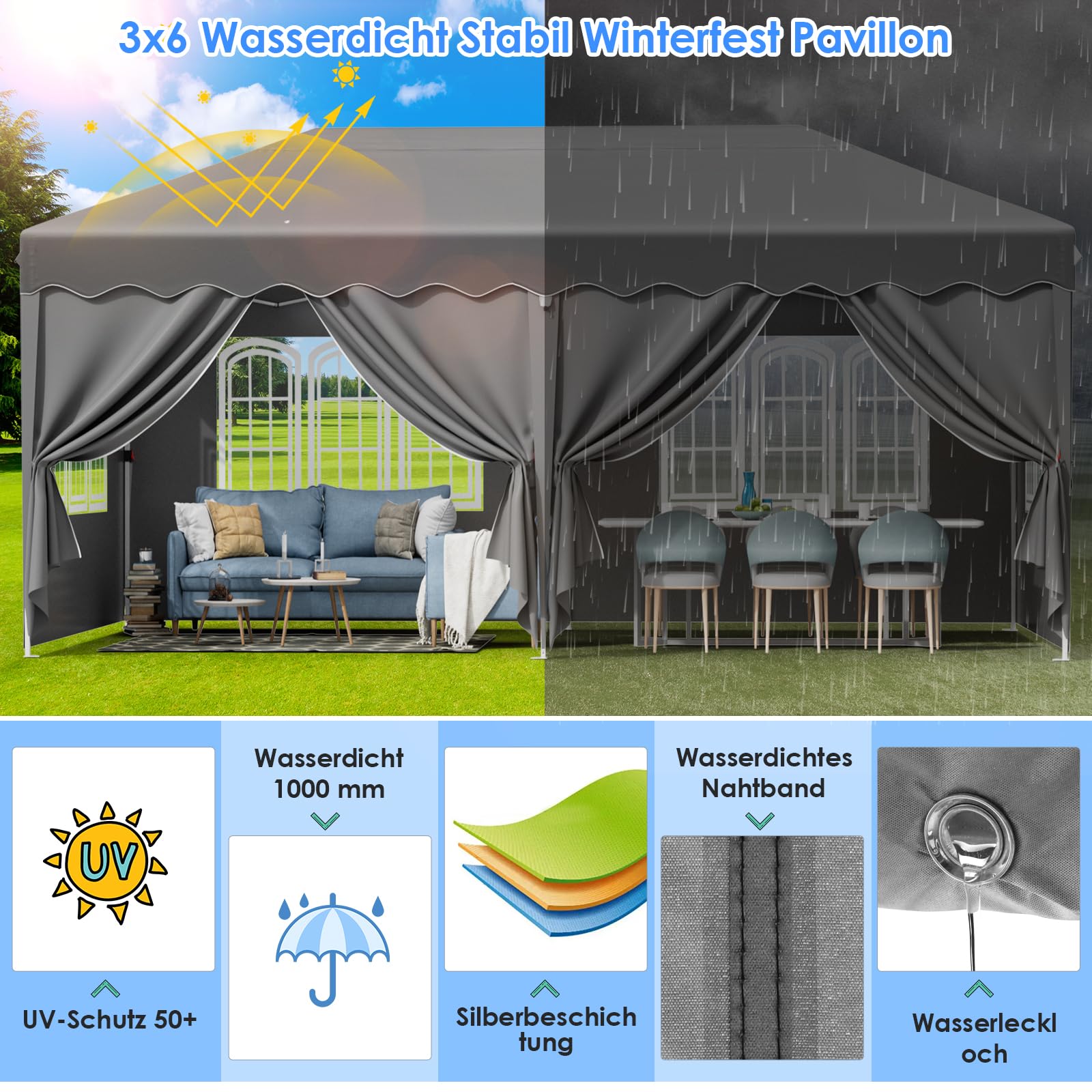 Paviljoen, 3 x 6 cm, waterdicht, stabiel, winterbestendig, vouwpaviljoen, 3 x 6 cm, tuintent met zijpanelen, uv-bescherming 50 , partytent, 420D Oxford, tuinpaviljoen, in hoogte verstelbaar, paviljoen