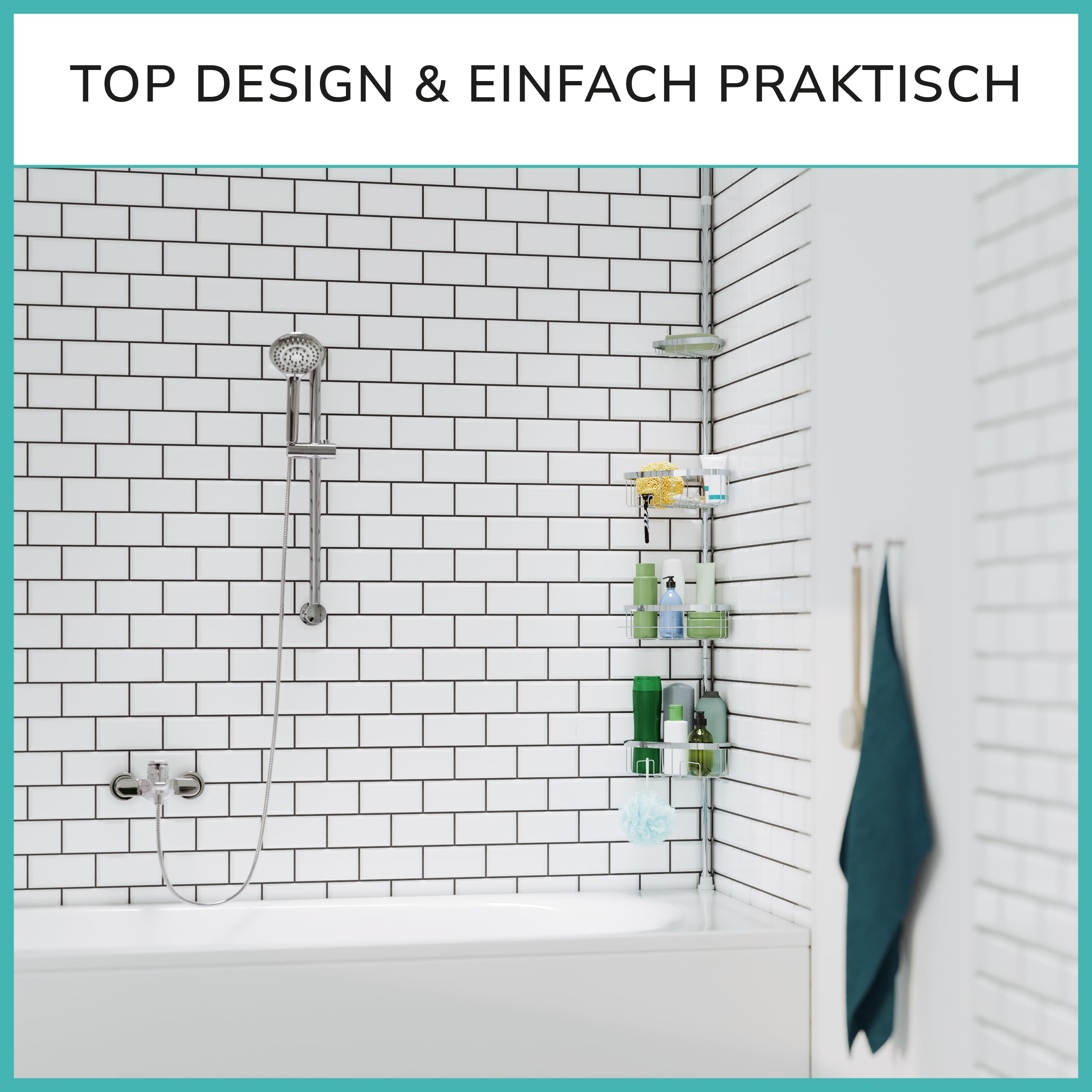 Teleskop Duschregal mit 3 Fach Anti-Rost Schutz (105-270cm) | Stabiles & flexibles 105-270cm Duschregal Teleskop ohne Bohren - Teleskopregal Bad 4 Körbe - Klemmregal Dusche und Badewanne