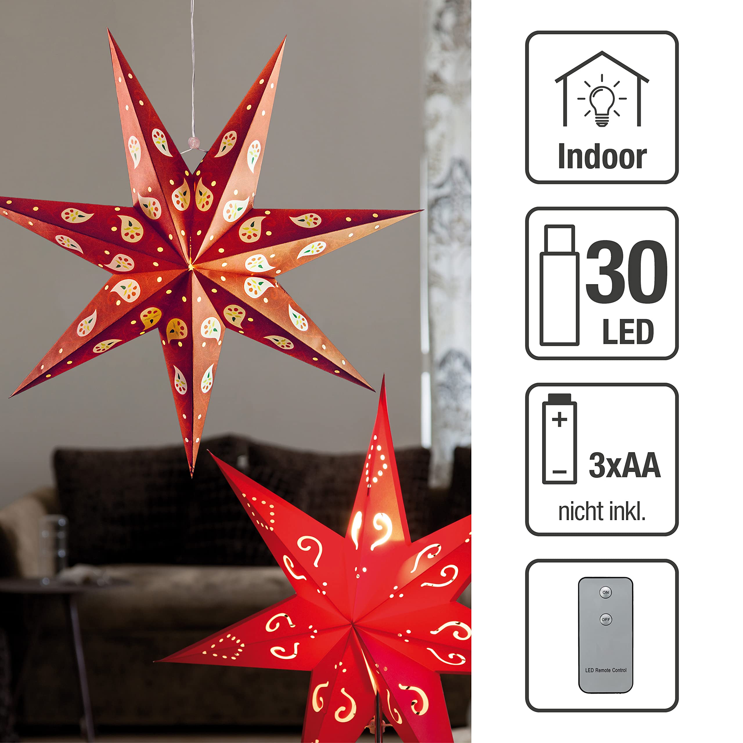 hellum Weihnachtsstern Innen, LED Stern Papierstern zum Aufhngen mit  Fernbedienung mit Timer, roter Stern Weihnachtsdeko Fenster  batteriebetrieben,  60cm, Weihnachtsbeleuchtung innen, 522762 : Amazon.de:  Beleuchtung