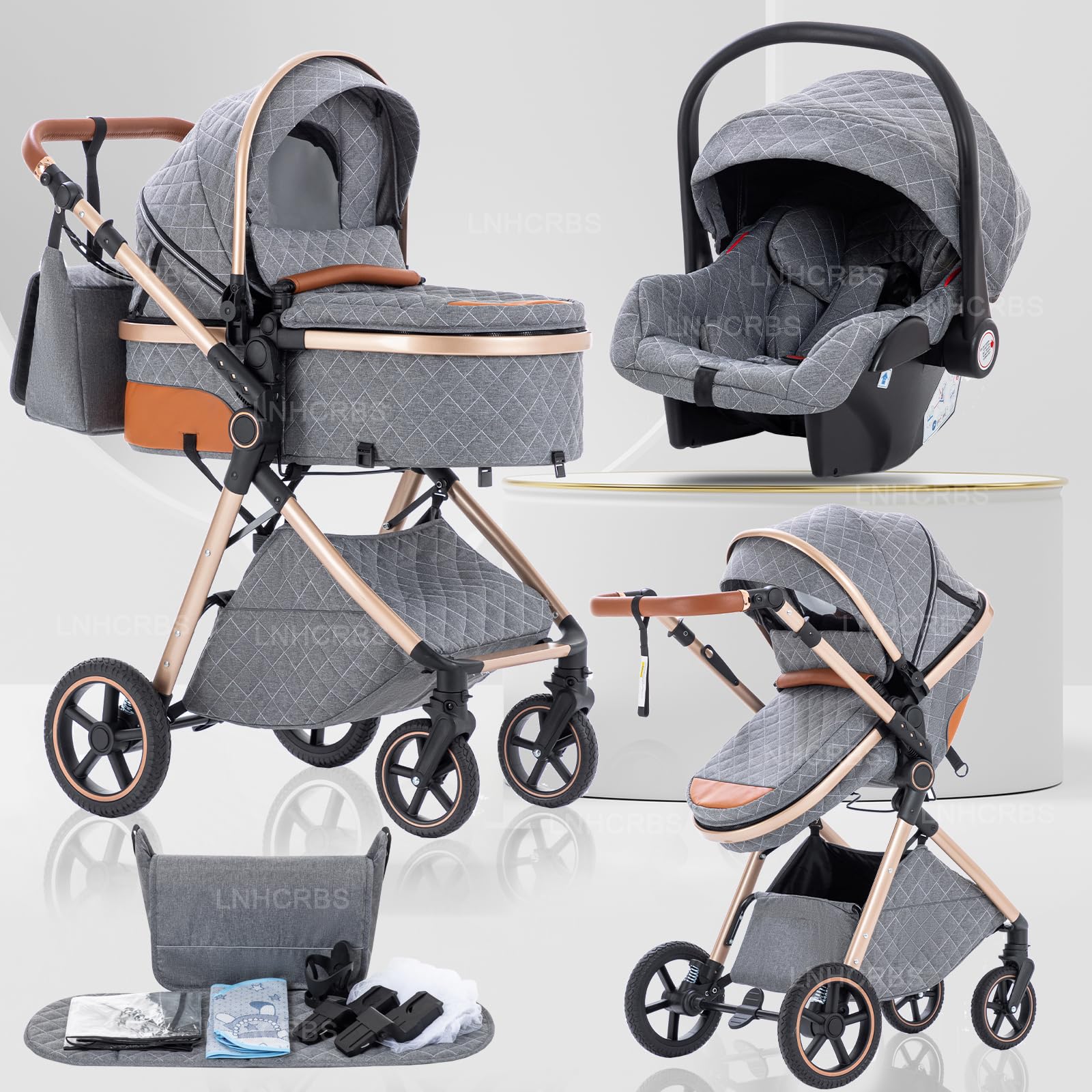 Lnhcrbs Baby Stroller 3 in 1, Travel Pushchair‘s Lie-Flat Pram is Foldable, Stroller System Handle is Adjustable, The Wheels are Made of PU Material, Suitable for 0-3 Years-Grey