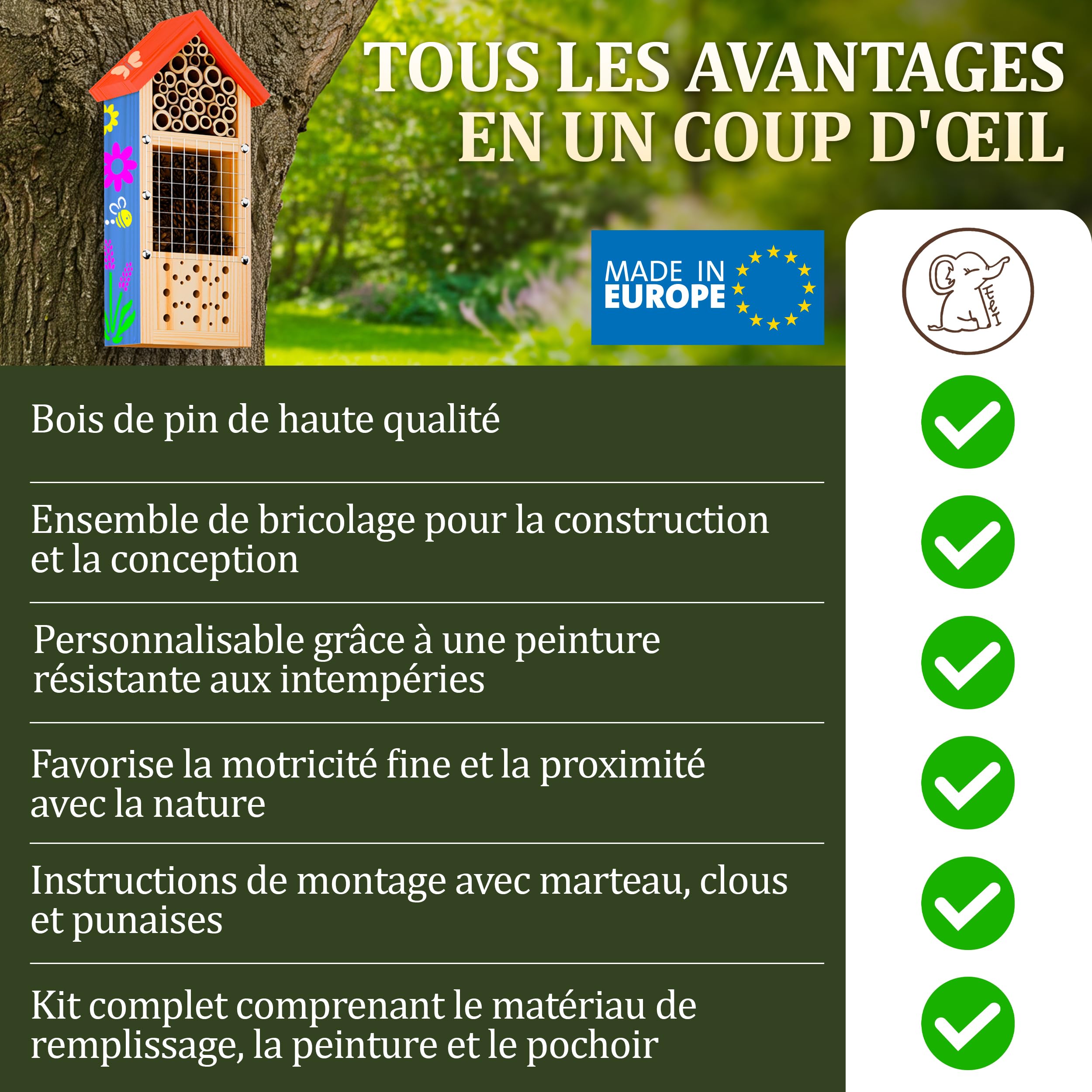 Eli Kit de construction d'hôtel à insectes pour enfants en bois de pin à peindre – Comprend 6 couleurs – Brosse – Marteau – Clous – Pochoirs et modèles – Maison d'abeille et hôtel pour jardin et