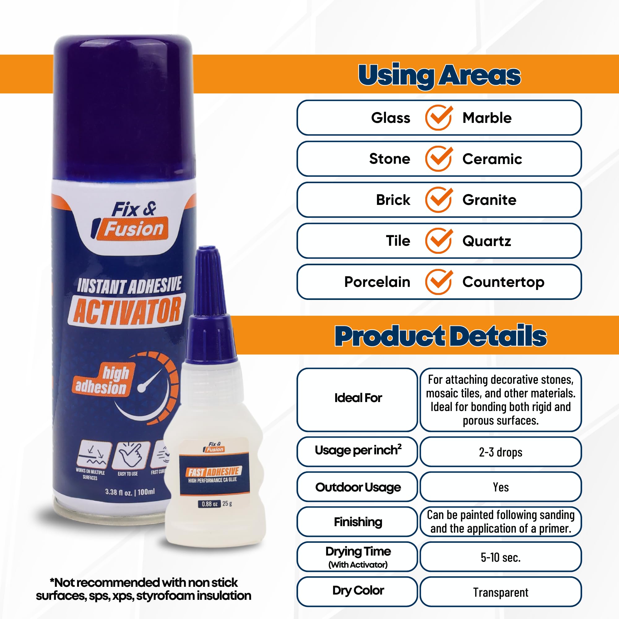 FIX & FUSION Set De Pegamento Instantáneo 25 g Con Spray Activador 100 ml, Adhesivo Rápido Para Madera, Plástico, Goma, Metal Y Cerámica. Ideal Para Bricolaje Y Reparaciones (1 Paquete)