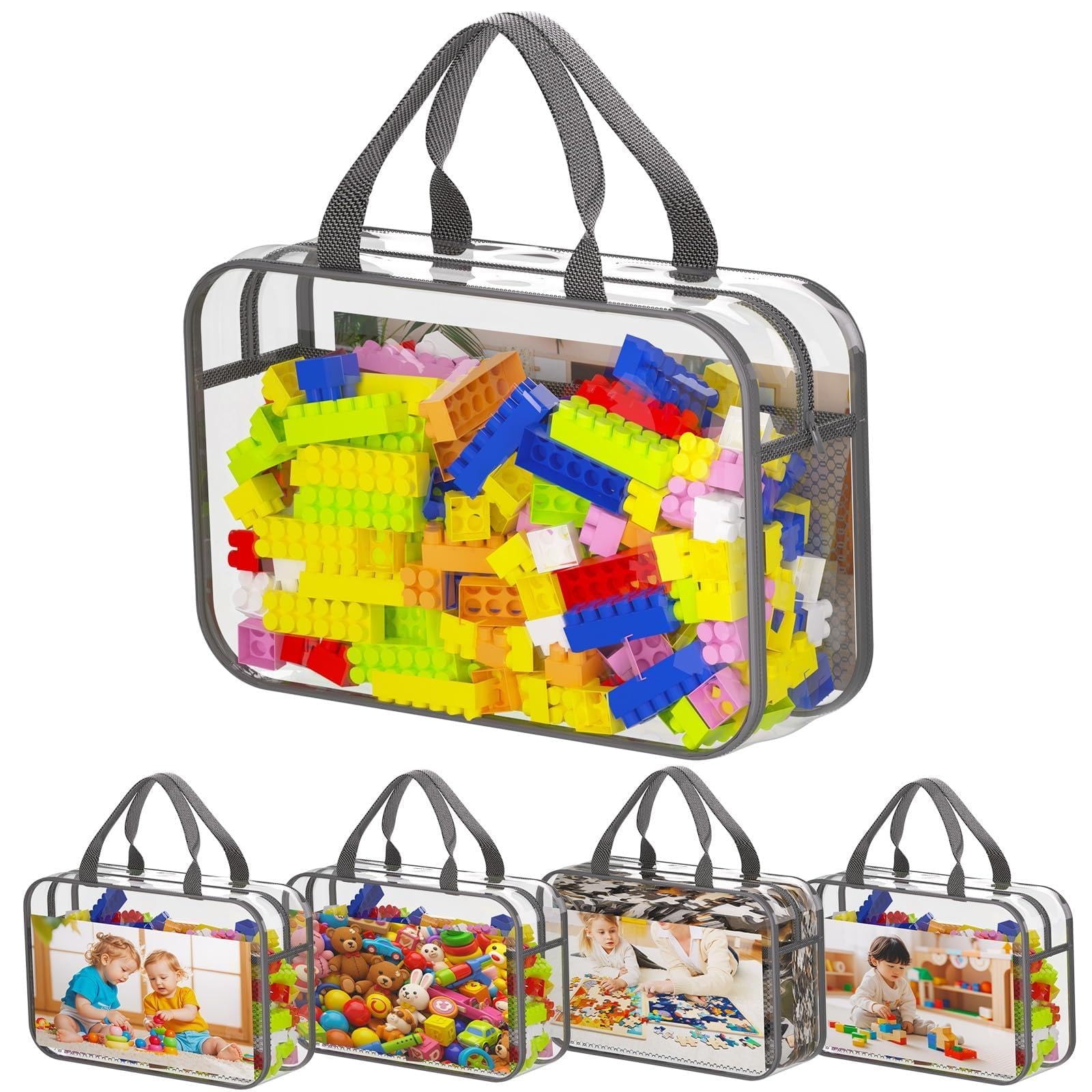 Set 4 Borse Organizer Per Giocattoli In PVC Trasparente Con Cerniera - Grandi Dimensioni (L E XL) Con Tasche In Rete - Per Lego, Puzzle, Libri - 2