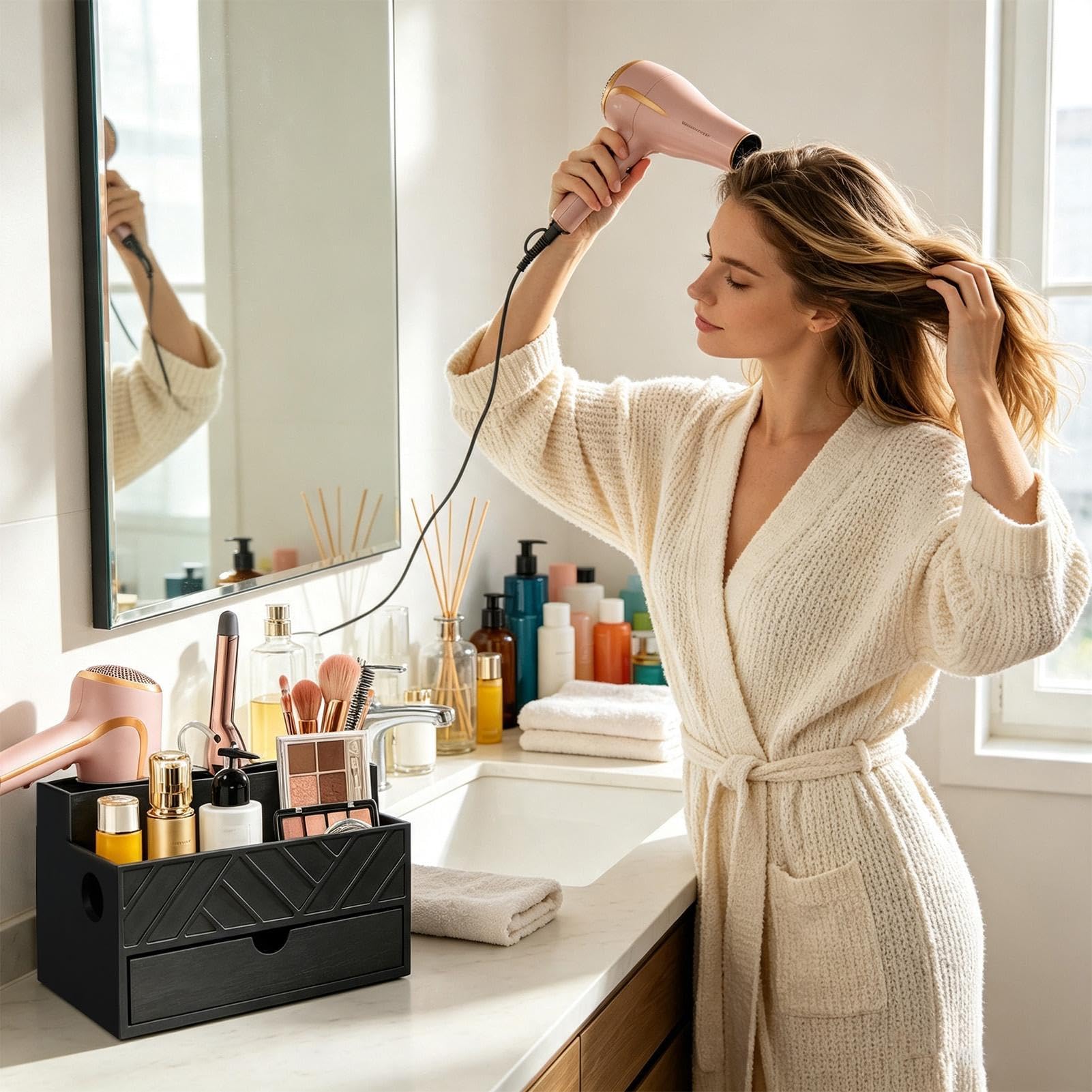 Föhnhalter Mit Schublade, Abnehmbaren Bechern, Kabeldurchführungen, | Föhnhalter zur Wandmontage Für Bürste Glätteisen Lockenstab Make-up Toilettenartikel Parfüm Schlafzimmer Kaffeebar
