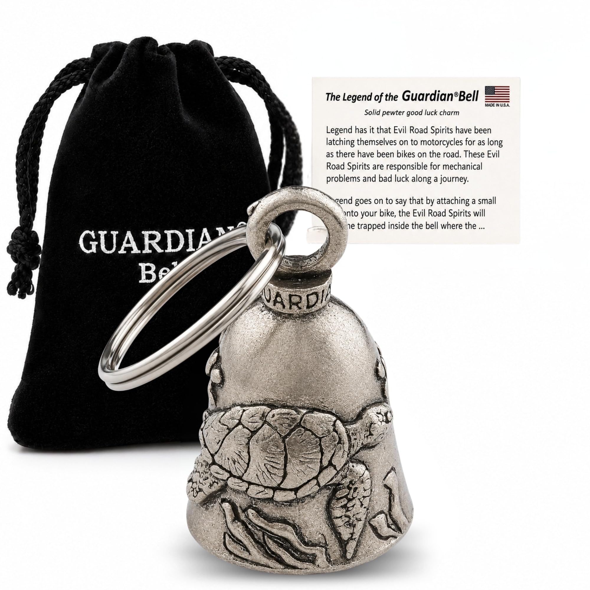 Guardian Bell Animals Good Luck Bell w/Keyring &amp; Black Velvet Gift Bag | Motorcycle Bell | Lead-Free Pewter | Made in USA