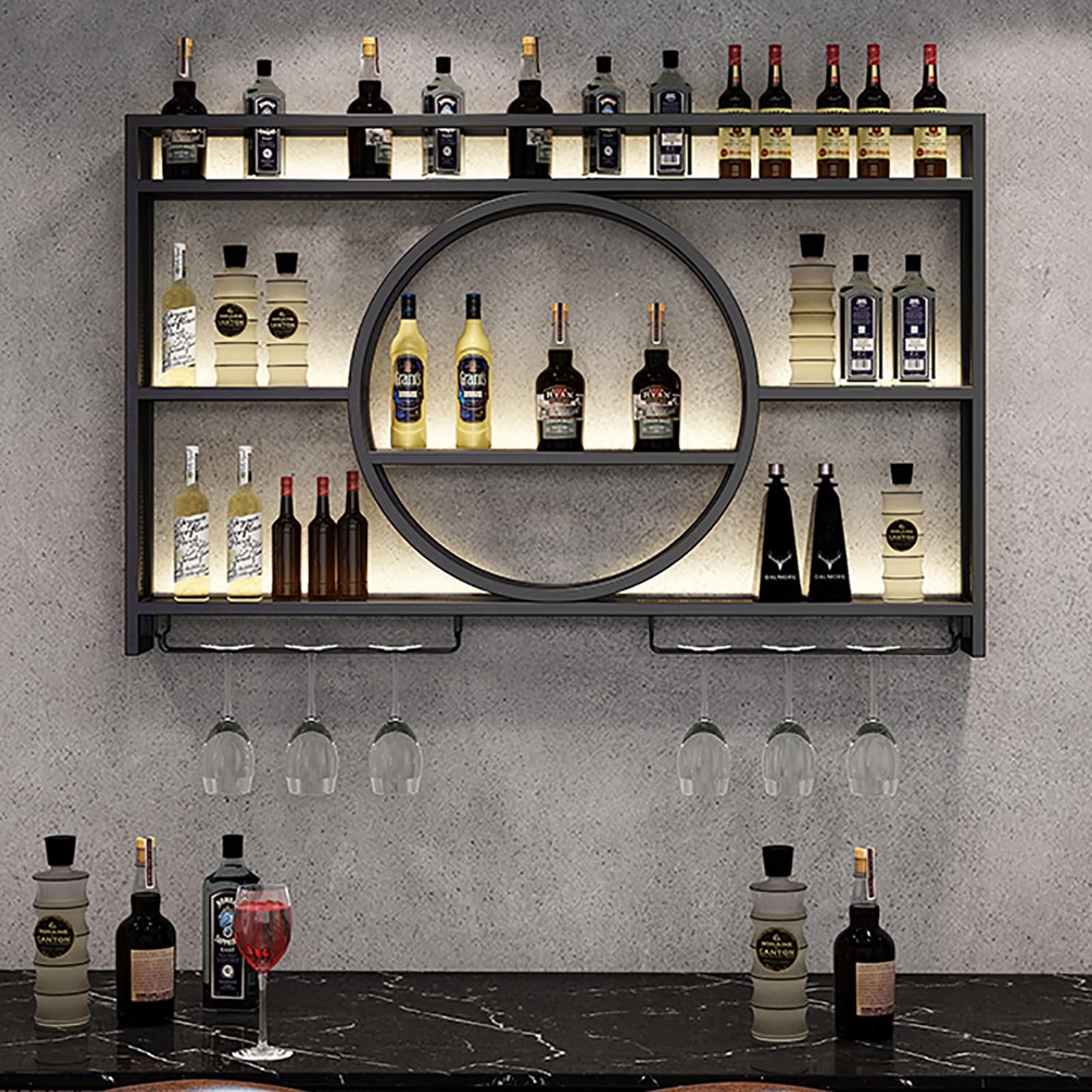 Casier à vin moderne en fer avec lumières LED et étagères suspendues