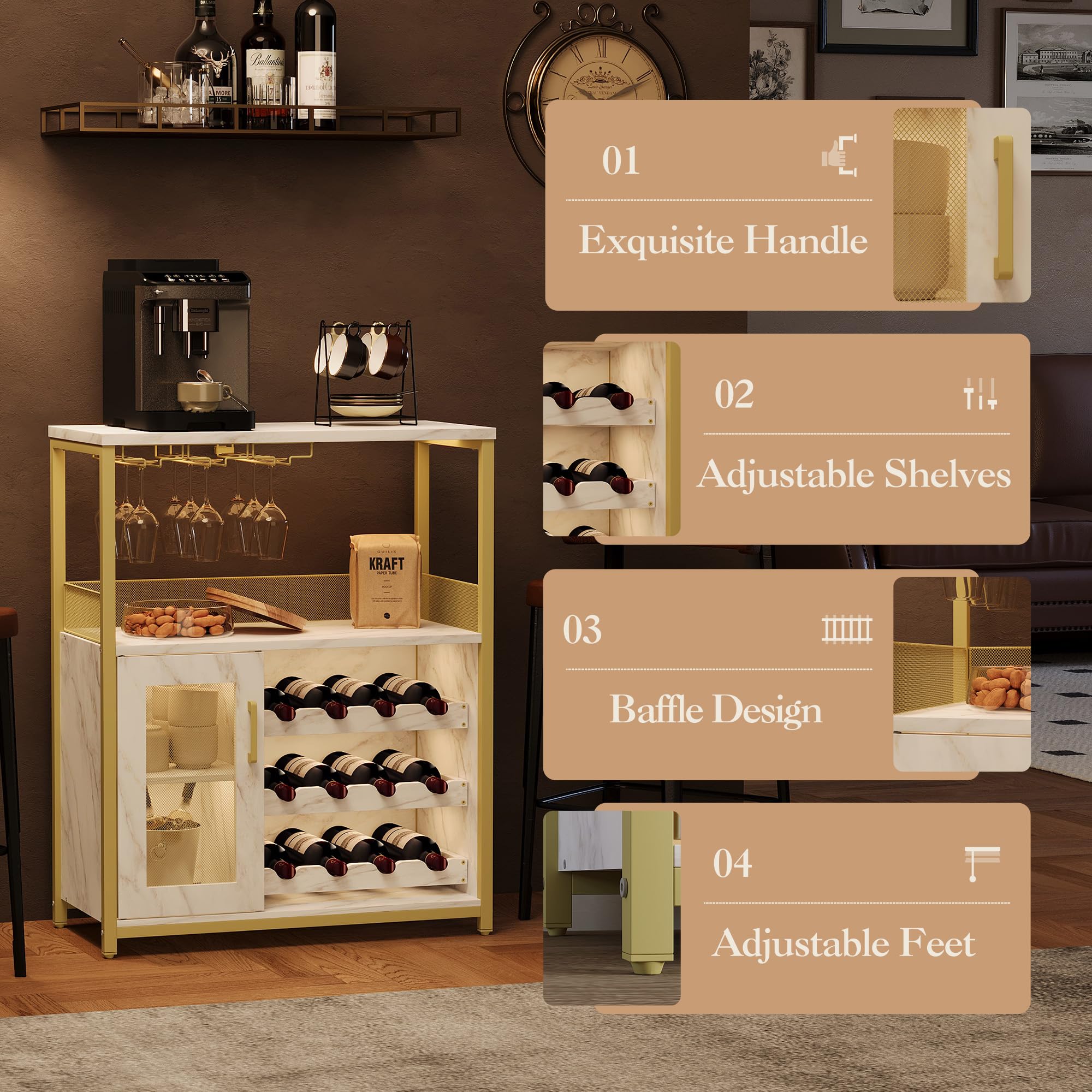 Weinbar Schrank 36" – Kompakter Bar Schrank Mit Verstellbaren Ablagen, Glashalter & Metallgittertür – Liquorschrank & Kaffeebar Möbel Für Küche & Esszimmer, Gold+Lampe