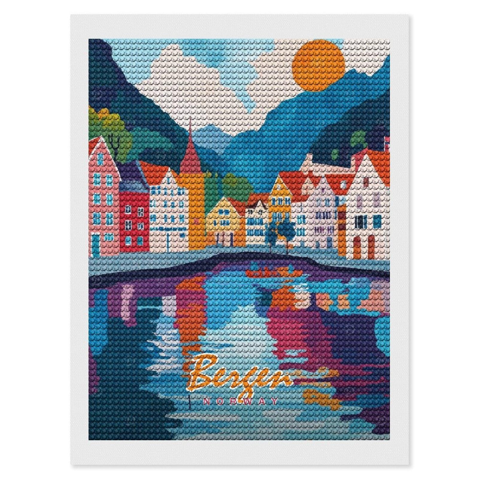 Junmoney Bergen, Norway Watercolor Diamond Painting Canvas Set 12"x16", for Women, Mindful Craft Activity, Cosy Home Accent, Festive Craft Gift