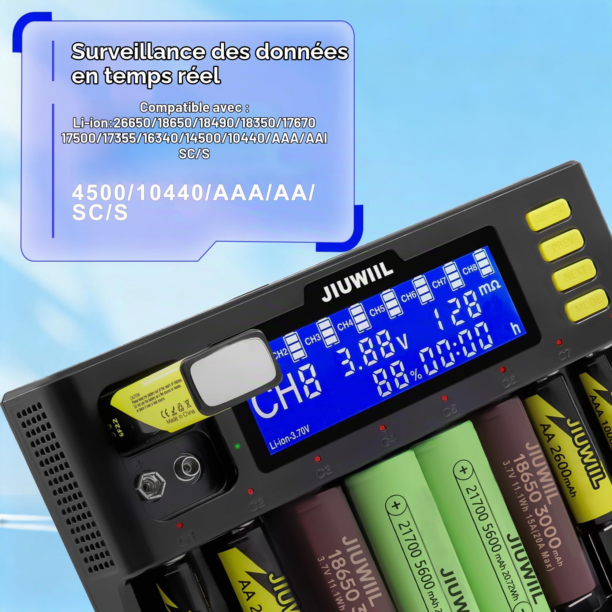 8+2 emplacements Chargeur de Batterie 18650 vec écran LCD | universel à chargement rapide pour batteries rechargeables Li-ion LiFePO4 RCR123 18650 26650 10440 14500 et 9V