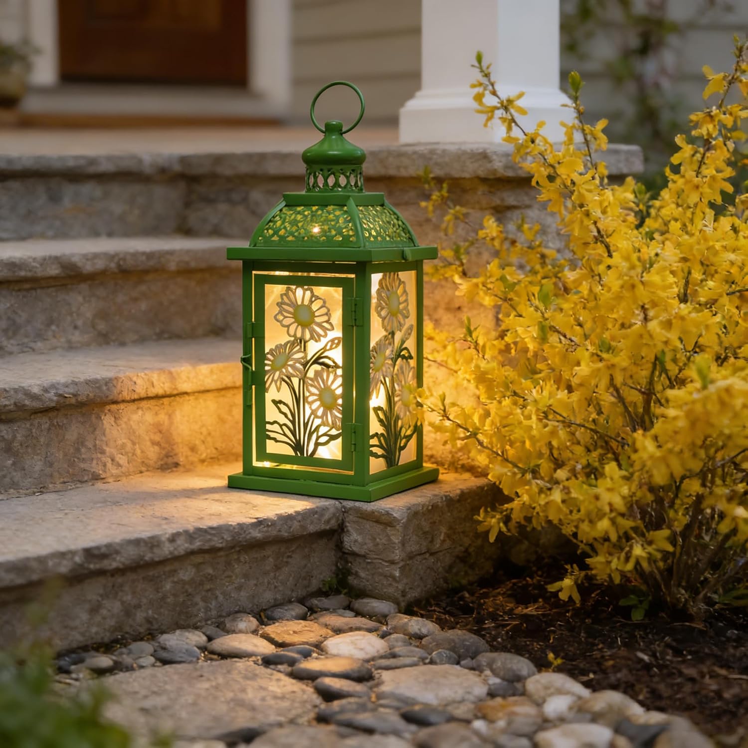 DECORKEY Spring Decorations for Home, 14.4" Decorative Daisy Green Lantern with 61" LED Lights(No Battery) for Home Indoor Outdoor Decor, Hanging Metal Candle Holders for Spring St.Patrick’s Day Gift