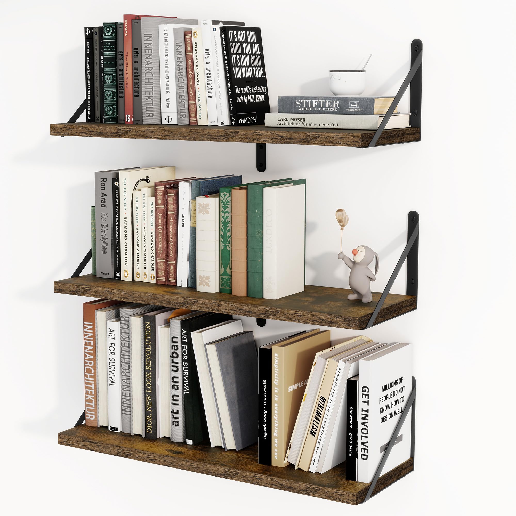 Heimlove Floating Shelves Set of 3, Floating Book Shelves 24 inch, Hanging Wall Shelf, Heavy Duty Wall Mounted Shelves for Living Room, Kitchen, Bedroom, Bathroom, Laundry Room (Vintage Brown)
